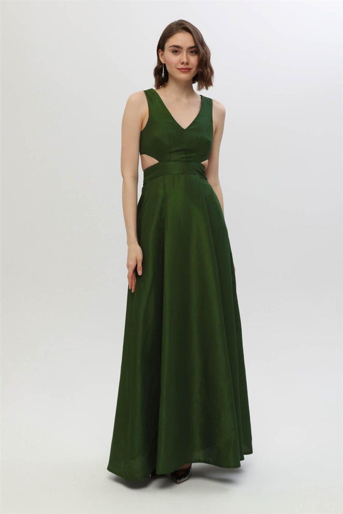 Home Store Elbise Uzun Sırt Dekolteli V Yaka Kolsuz Tafta - Yeşil