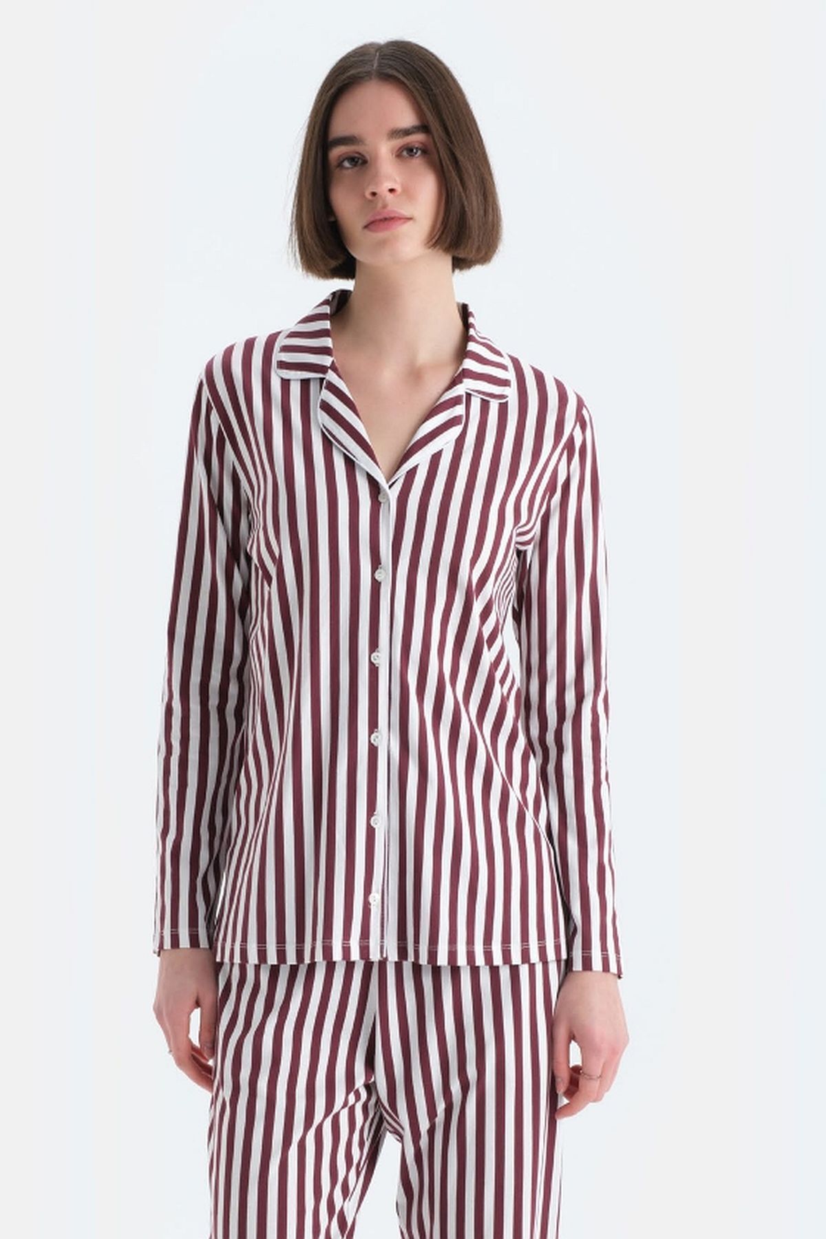 Eros 33600 Kadın Uzun Kollu Çizgili Gömlek Pijama Takımı-bordo