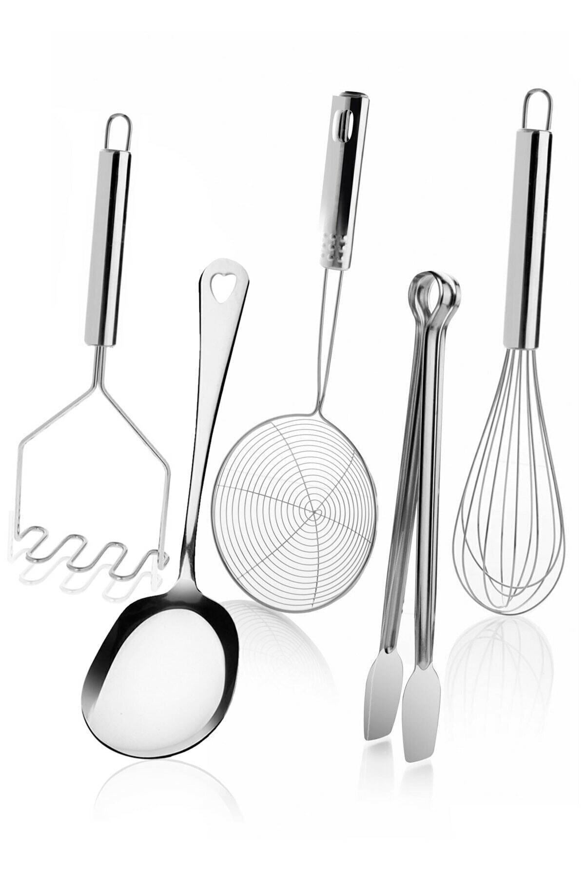Mirilliahome 5 Parça Çelik Metal Mutfak Servis Seti Takımı (kaşık, Çırpıcı, Maşa, Patates Ezici, Kevgir)