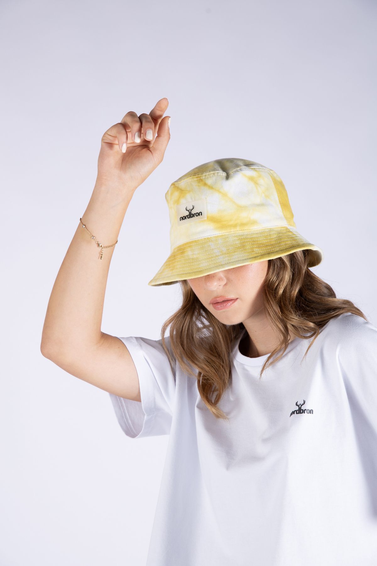 Nordbron %100 Pamuk Unisex Sarı Batik Desenli Kova Bucket Şapka Astarsız Ter Bantlı Detaylı Logolu Spor
