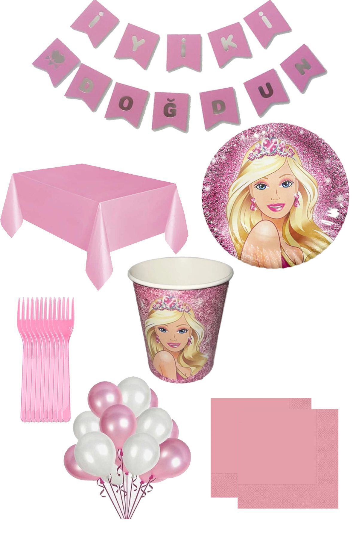 Barbie 8 Kişilik Barbie Parti Seti, Barbie Doğum Günü Konsept Set Süsleri