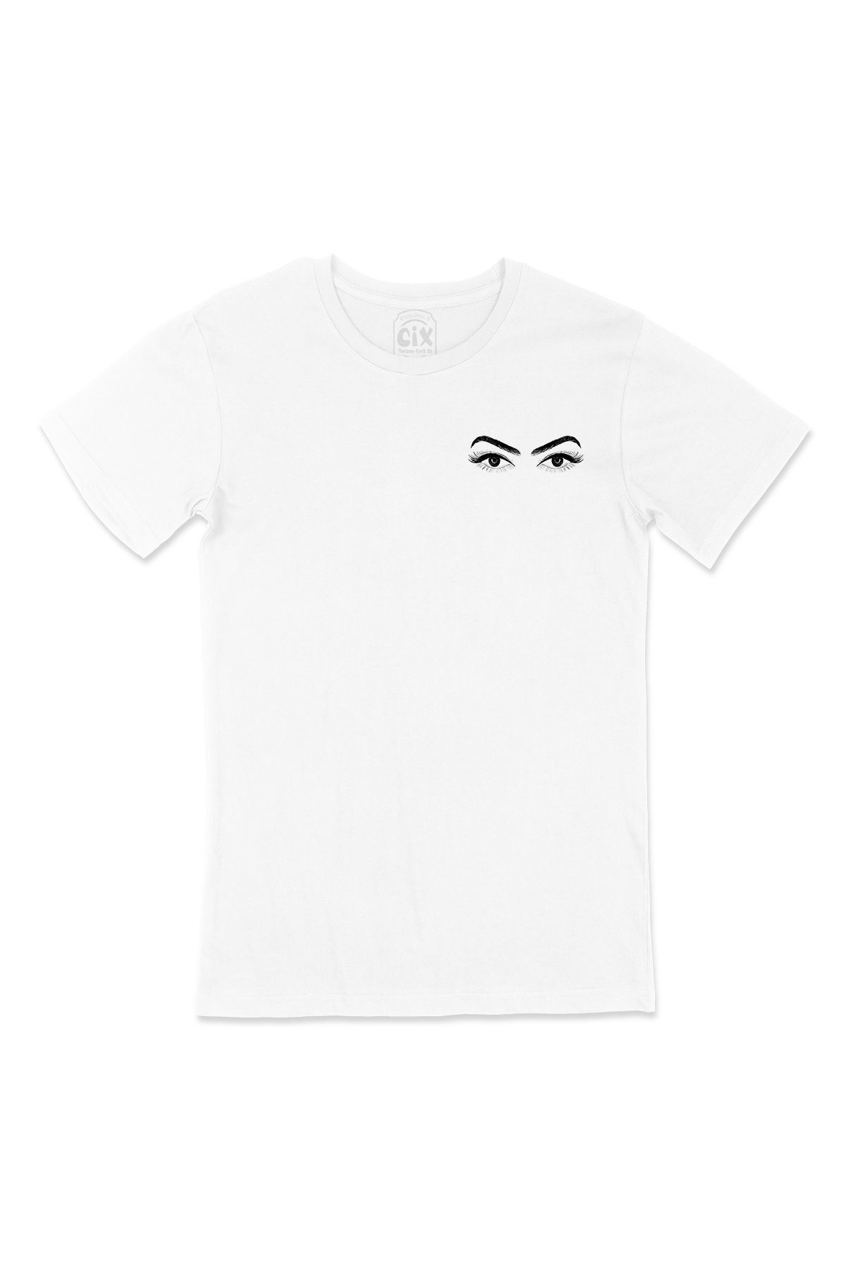 Cix Kara Kalem Göz Tasarımlı Cep Logo Tasarımlı Beyaz Tişört