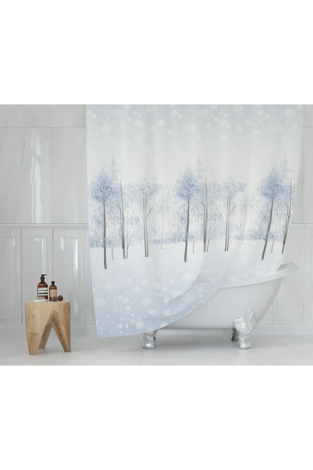Tropikhome Kar Desenli Beyaz Ağaç Desen Banyo Duş Perdesi-polyester Kumaş Tek Kanat Banyo Perdesi 180x200 Cm