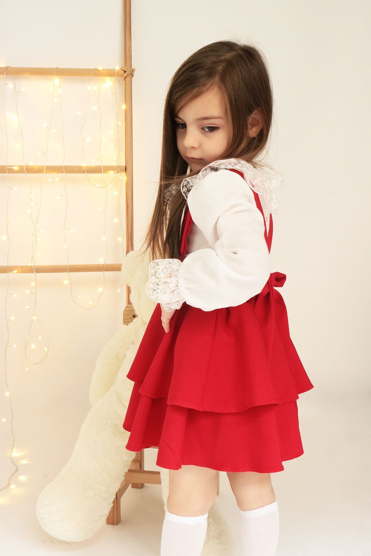 Parla Kids Kız Çocuk Helen Kırmızı Askılı Bağlama Jile 23 Nisan Elbise Ekru Dantel Uzun Kollu Bluz Abiye Takım
