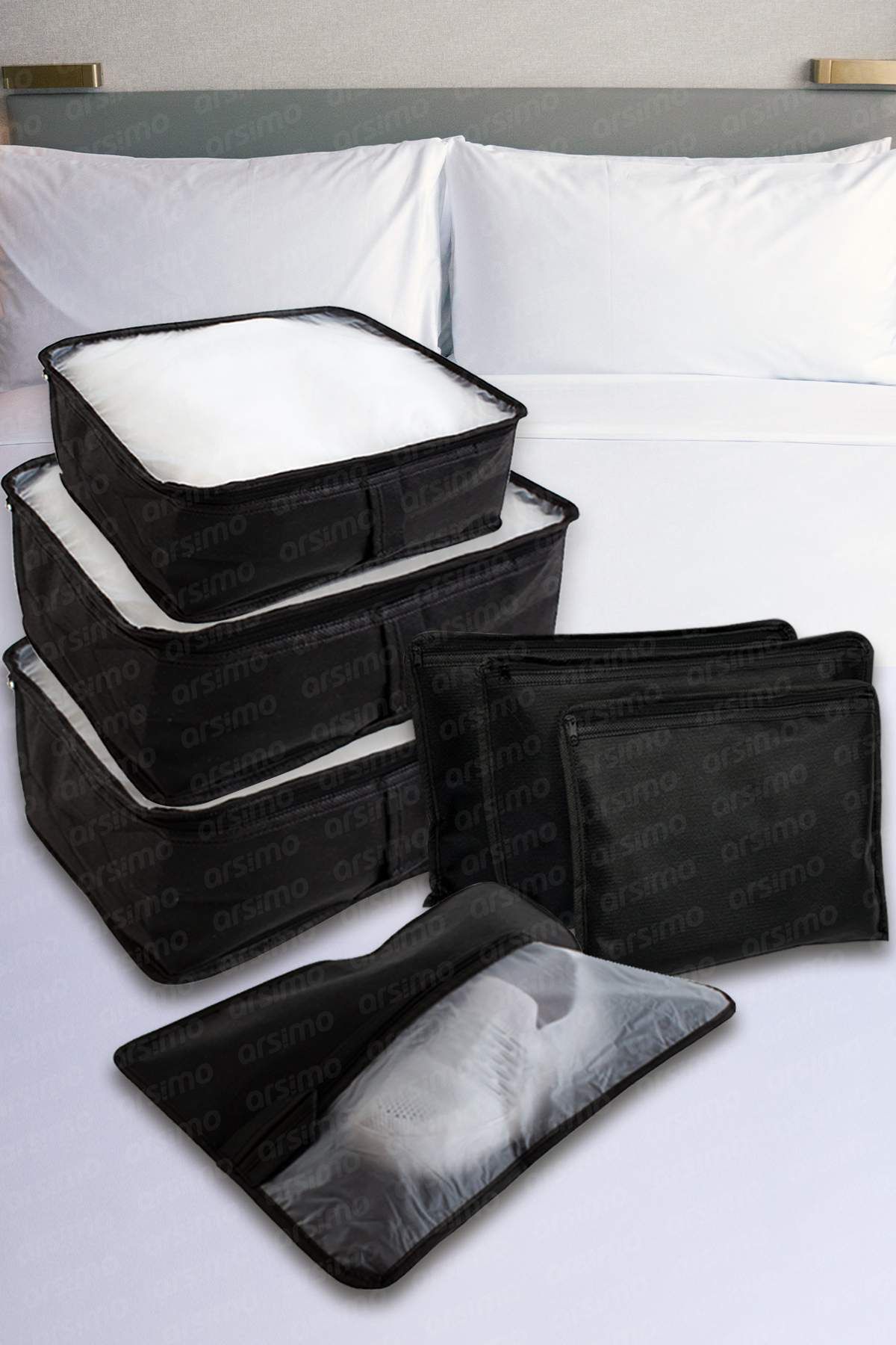 Arsimo Lüks 7 Parça Bavul Dolap Eşya Düzenleyici Pencereli Organizer Set Siyah