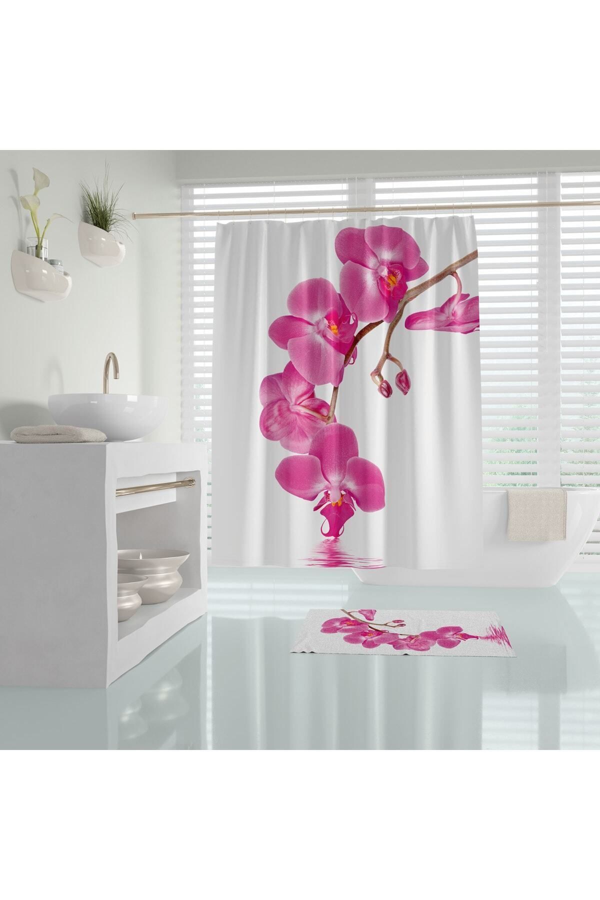 Tropikhome Orkide Çiçek Desenli Dijital Baskılı Solma Yapmaz Su Geçirmez Polyester Kumaş Banyo Perdesi