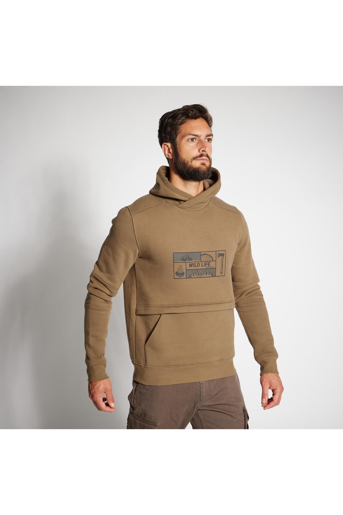 Decathlon Erkek Kapüşonlu Sweatshirt - Avcılık ve Doğa Gözlemi - Bej - 500 Logo