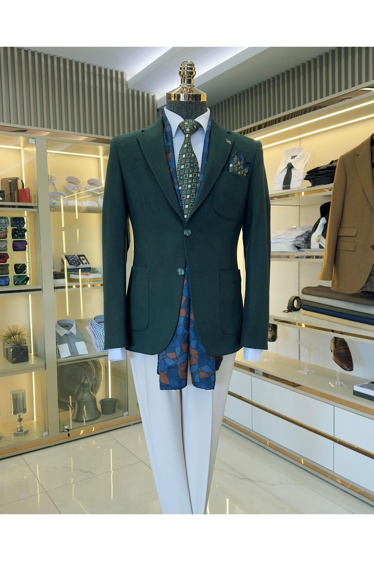 TerziAdemAltun İtalyan stil slim fit erkek mono yaka yün ceket yeşil T10152