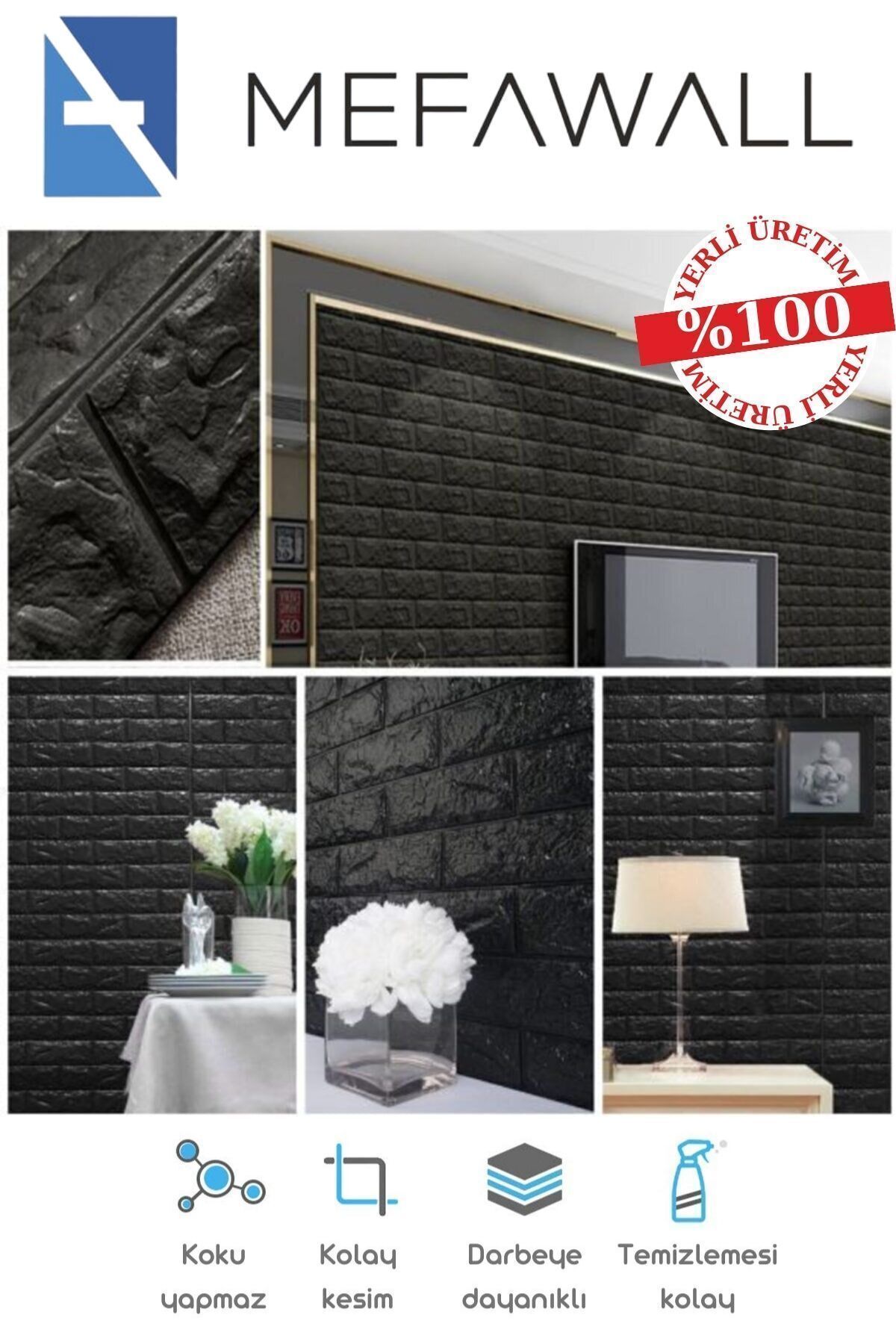 Mefawall 50 X 70 CM 0,35 M2 Kendinden Yapışkanlı Duvar Kağıdı Esnek Köpük Paneli 3d Boyutlu Tuğla Desen Siyah