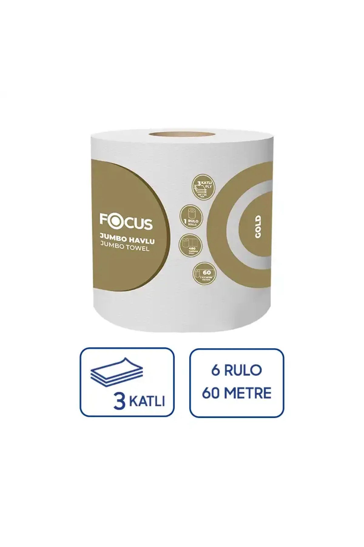 Focus Gold Jumbo Kağıt Havlu 6 Rulo x 60 Metre 3 Katlı