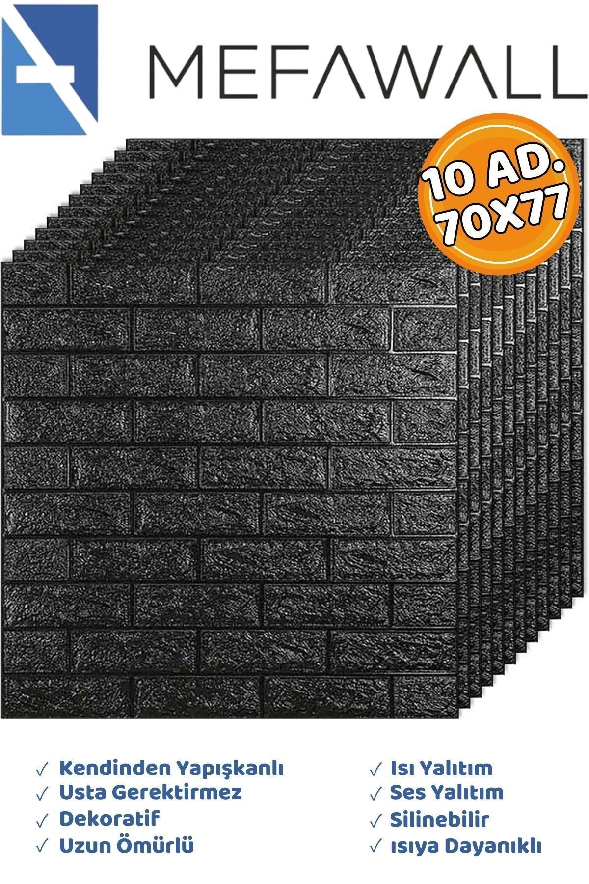 Mefawall 70x77 Cm 10 Adet- Kendinden Yapışkanlı Duvar Kağıdı Esnek Köpük Paneli 3d Boyutlu Tuğla Desen Siyah