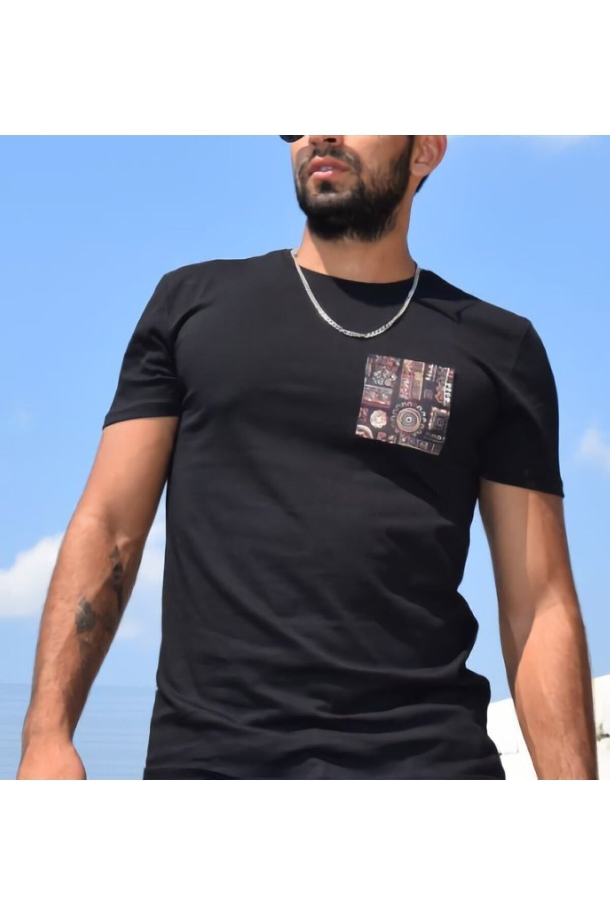 THE ORIGIN Erkek Siyah Etnik Desen Cep Detaylı Slim Fit T-shirt