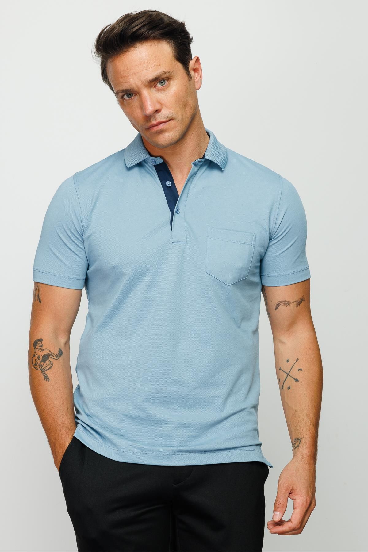 Desen Triko Erkek Polo Yaka Düğmeli Cepli T-shirt H.mavi