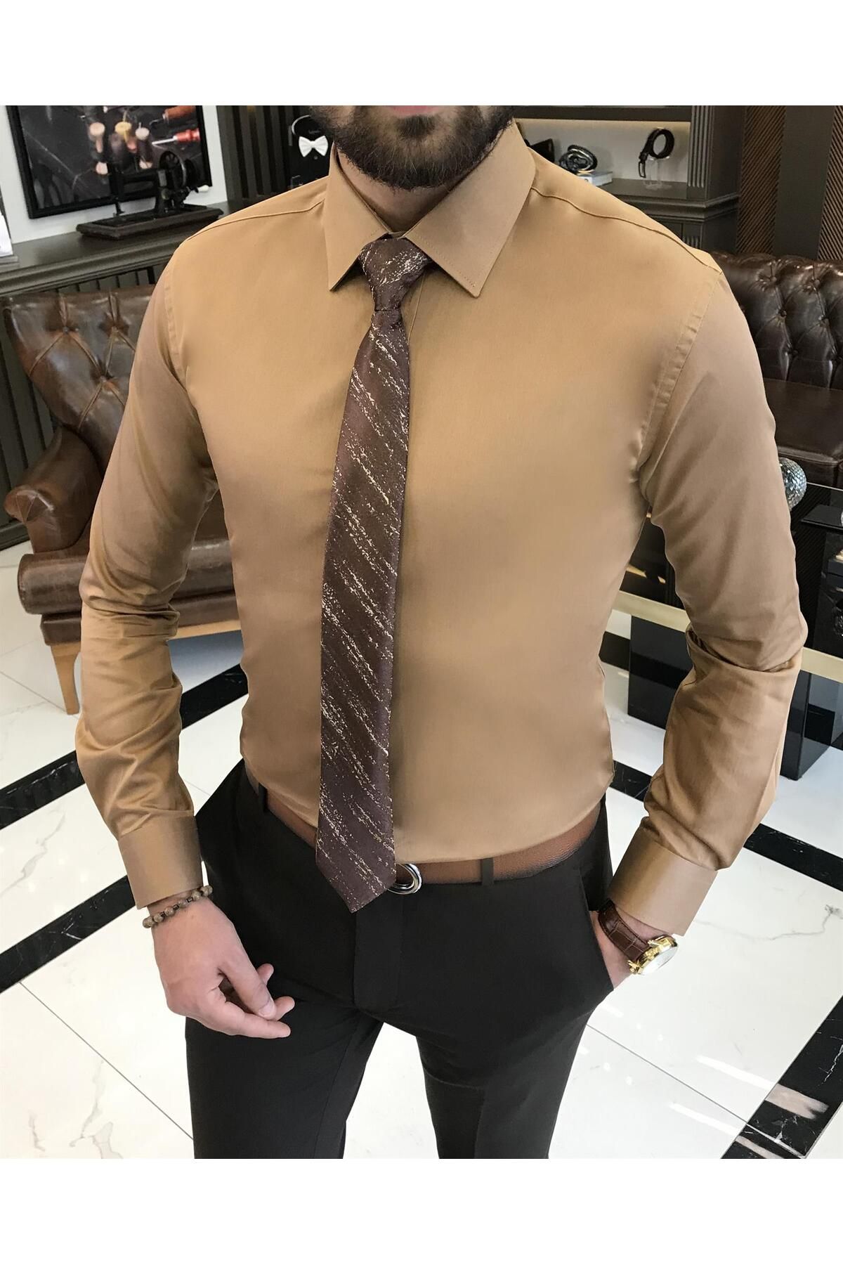 TerziAdemAltun İtalyan stil slim fit saten pamuk erkek kravat yaka gömlek hardal T9429