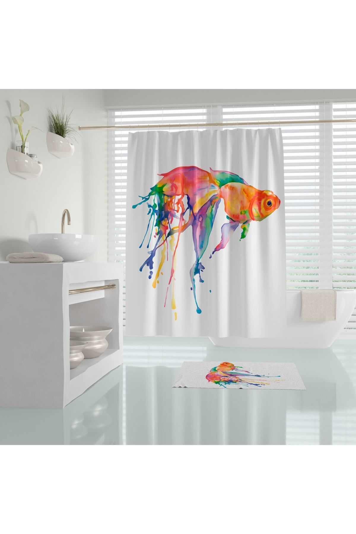 Tropikhome Goldfish Banyo Paspası, Püsküllü Banyo Paspas Takımı, Renkli Balık Desen Banyo Perdesi Ve Paspası