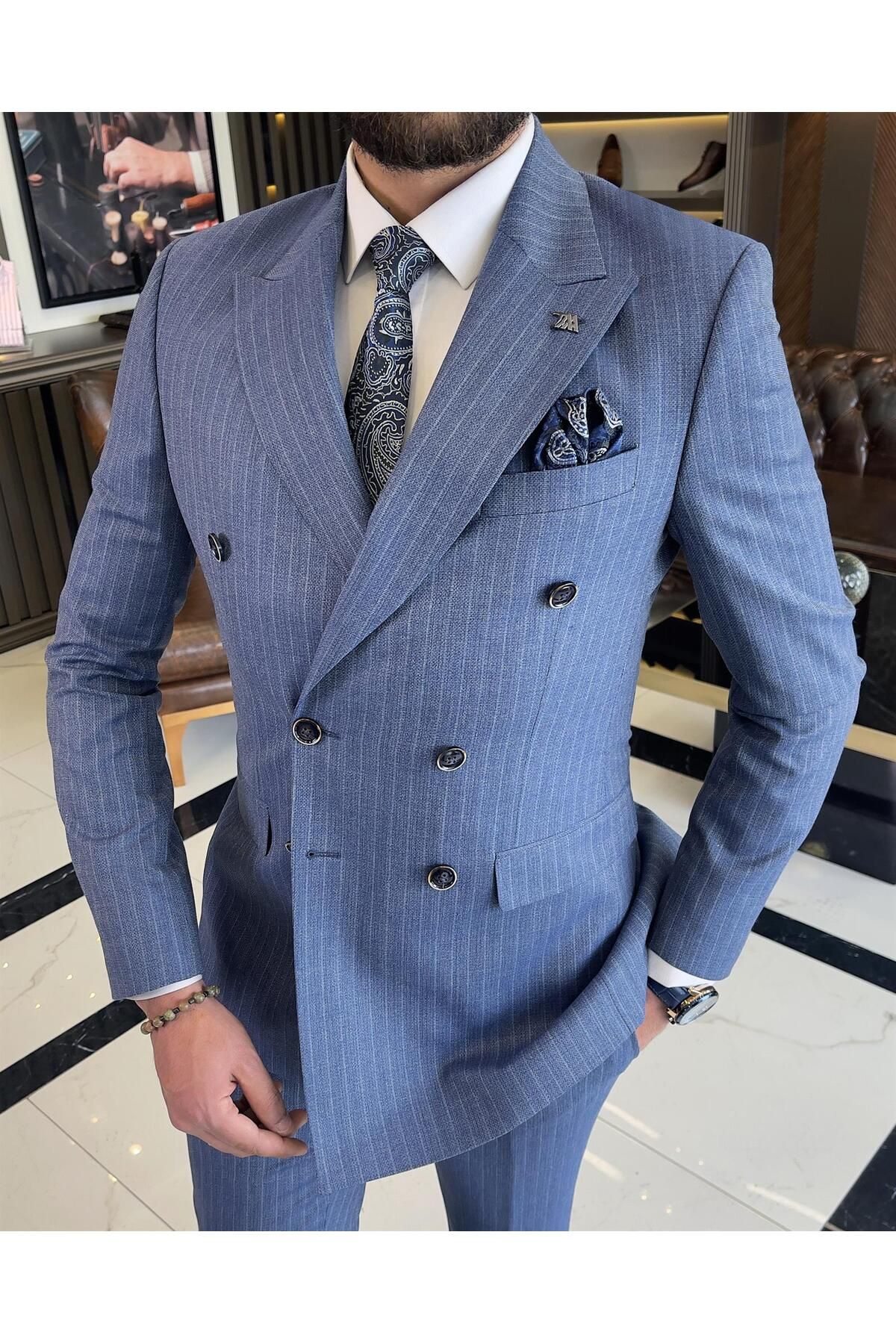 TerziAdemAltun İtalyan stil çizgili kruvaze ceket pantolon takım elbise mavi T9543