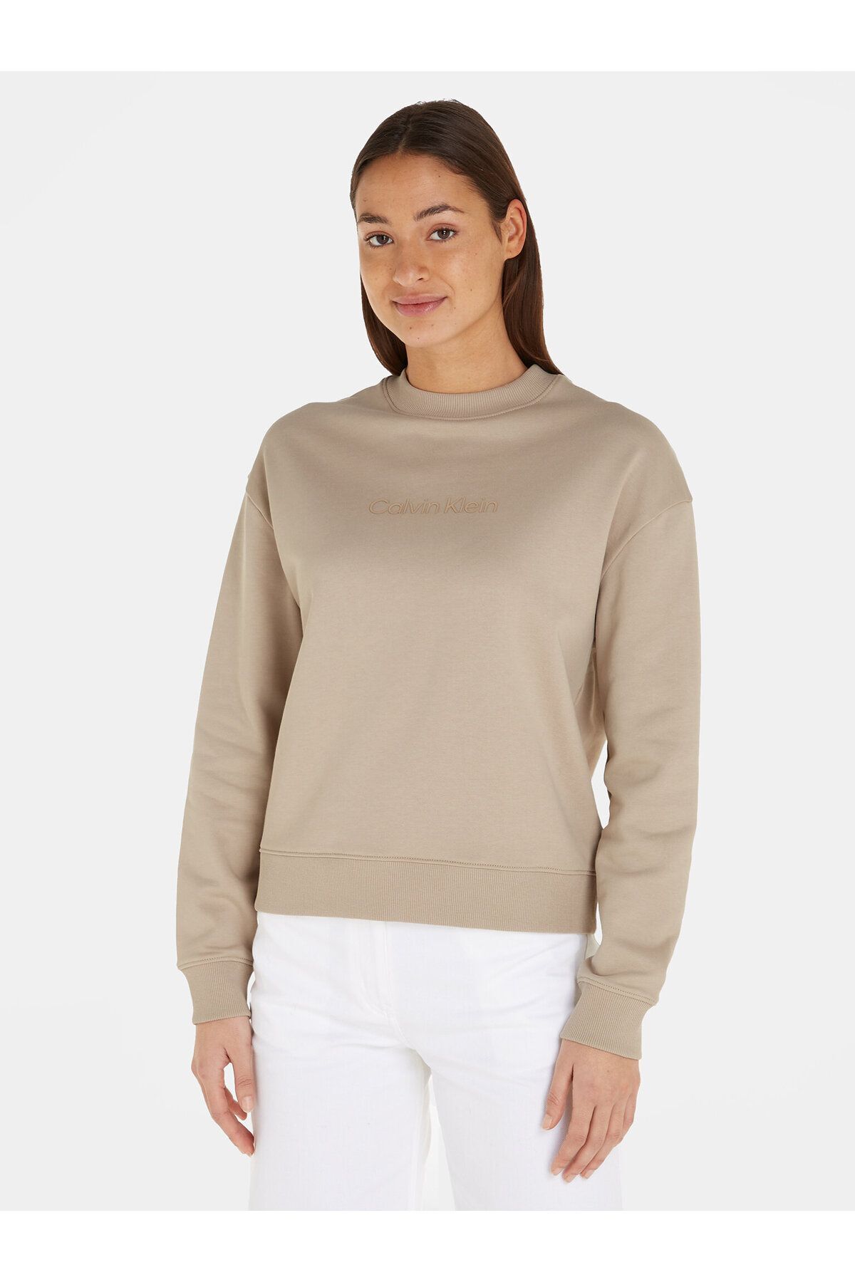 Calvin Klein Kadın Logolu Yuvarlak Yakalı Uzun Kollu Günlük Kullanım Kahverengi Sweatshirt K20K205450-PDZ