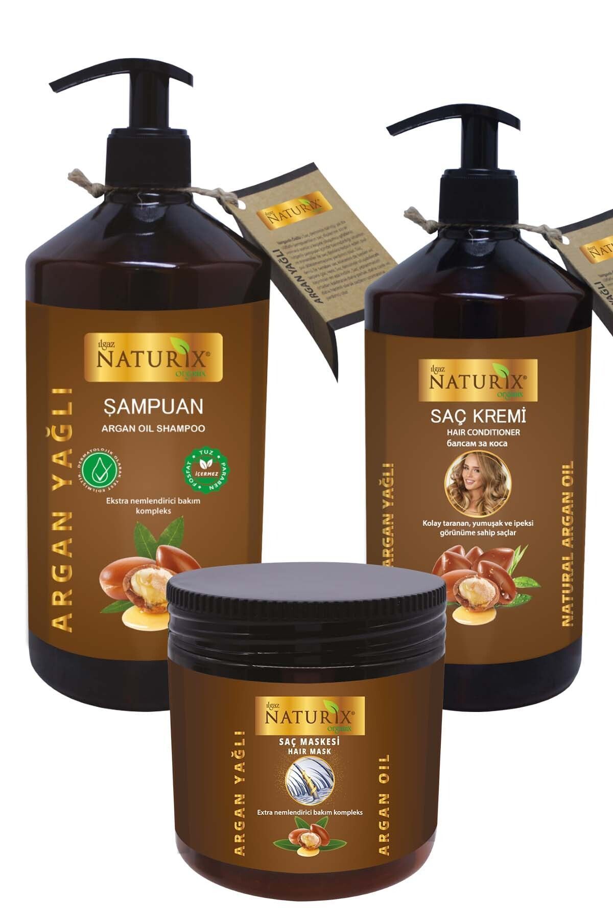 Naturix Tuzsuz Şampuan Seti Yıpranmış Saçlara Organik Argan Yağlı Şampuan + Saç Kremi + Saç Maskesi 3'lü Set