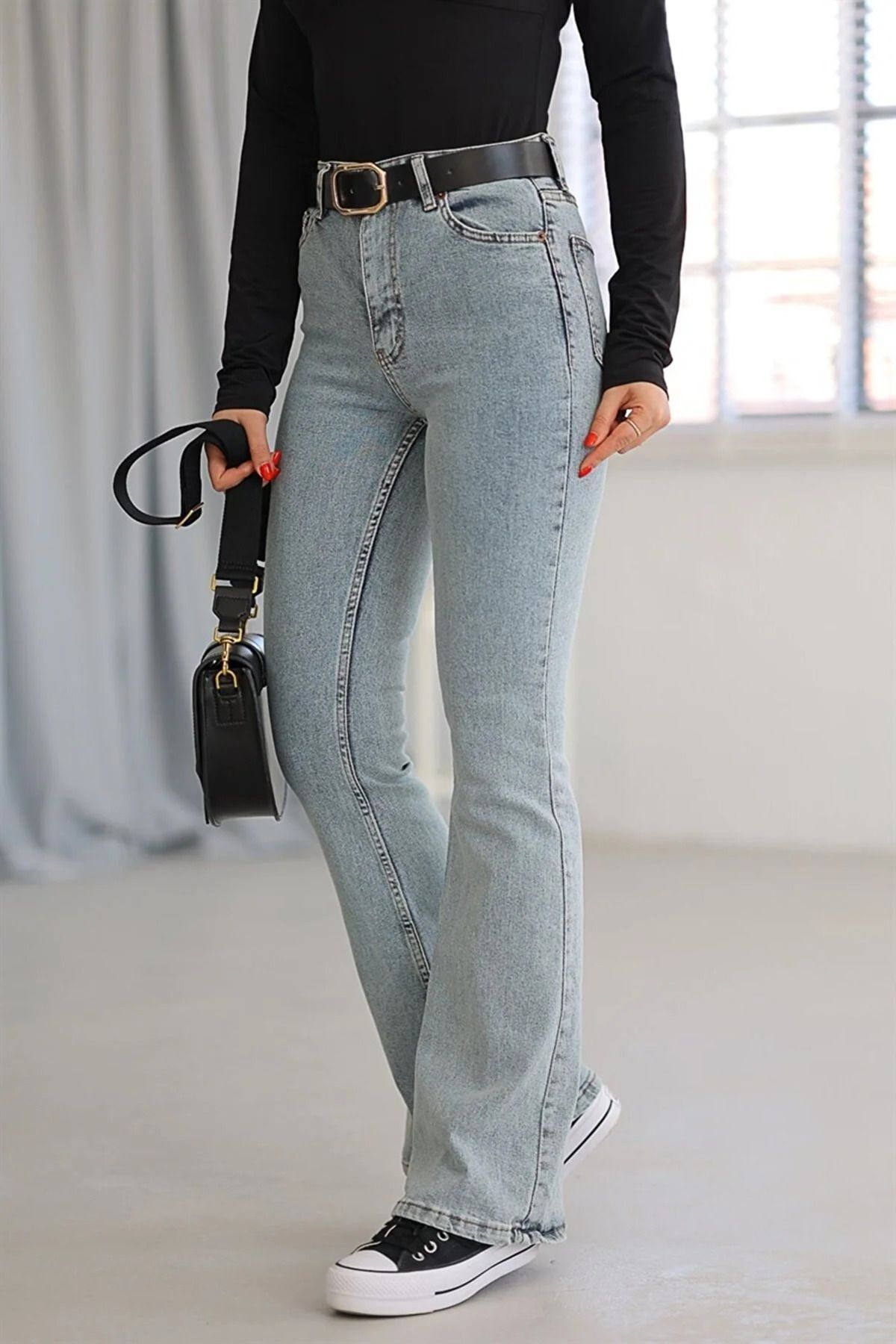 MAKRAS EXCLUSIVE Kadın Jeans Mavi Yüksek Bel Likralı Esnek Ispanyol Paça Kot Pantolon Jeans