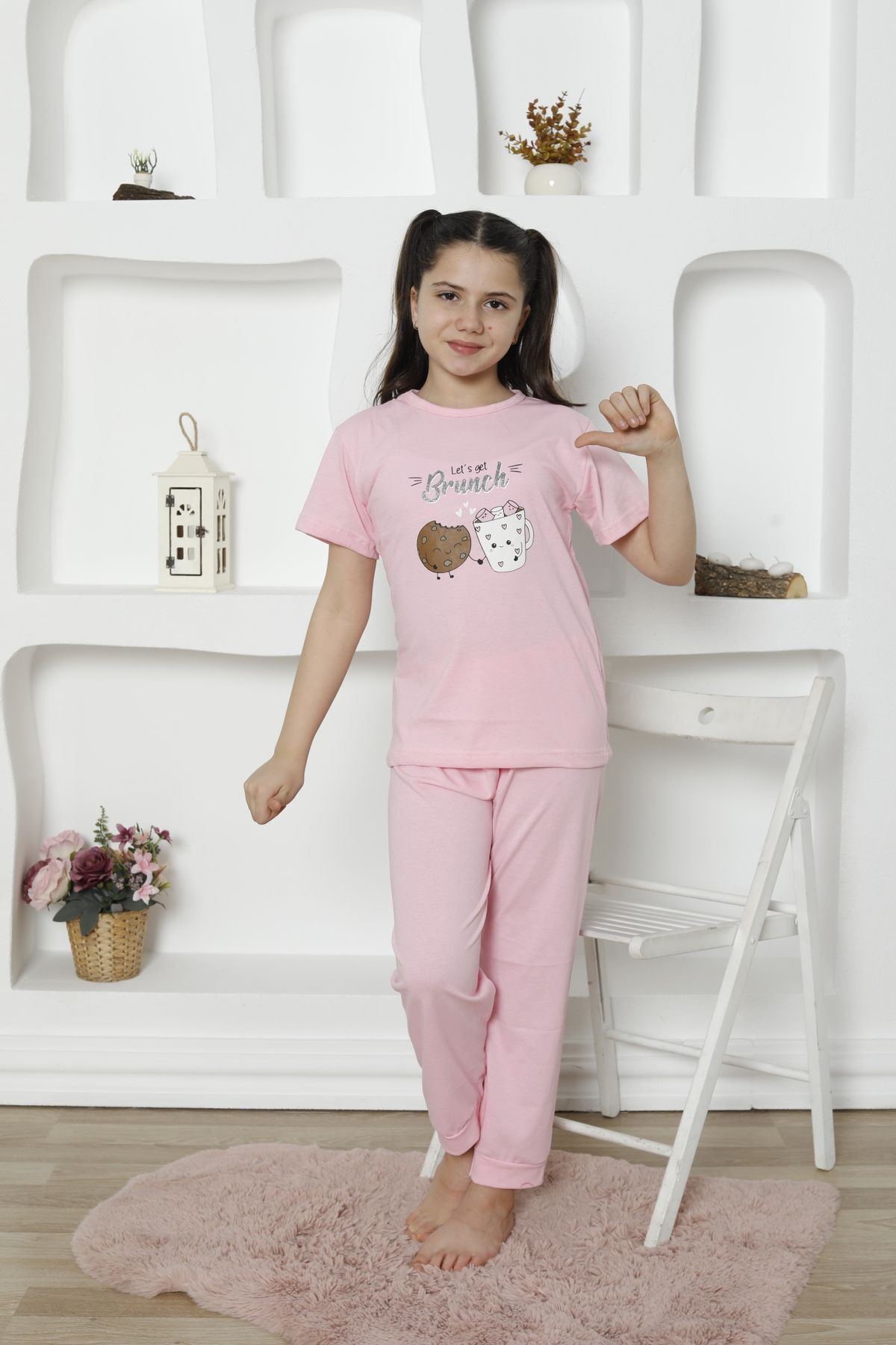 Genel Markalar Kısa Kollu Brunch Pembe Kız Çocuk Pijama Takımı