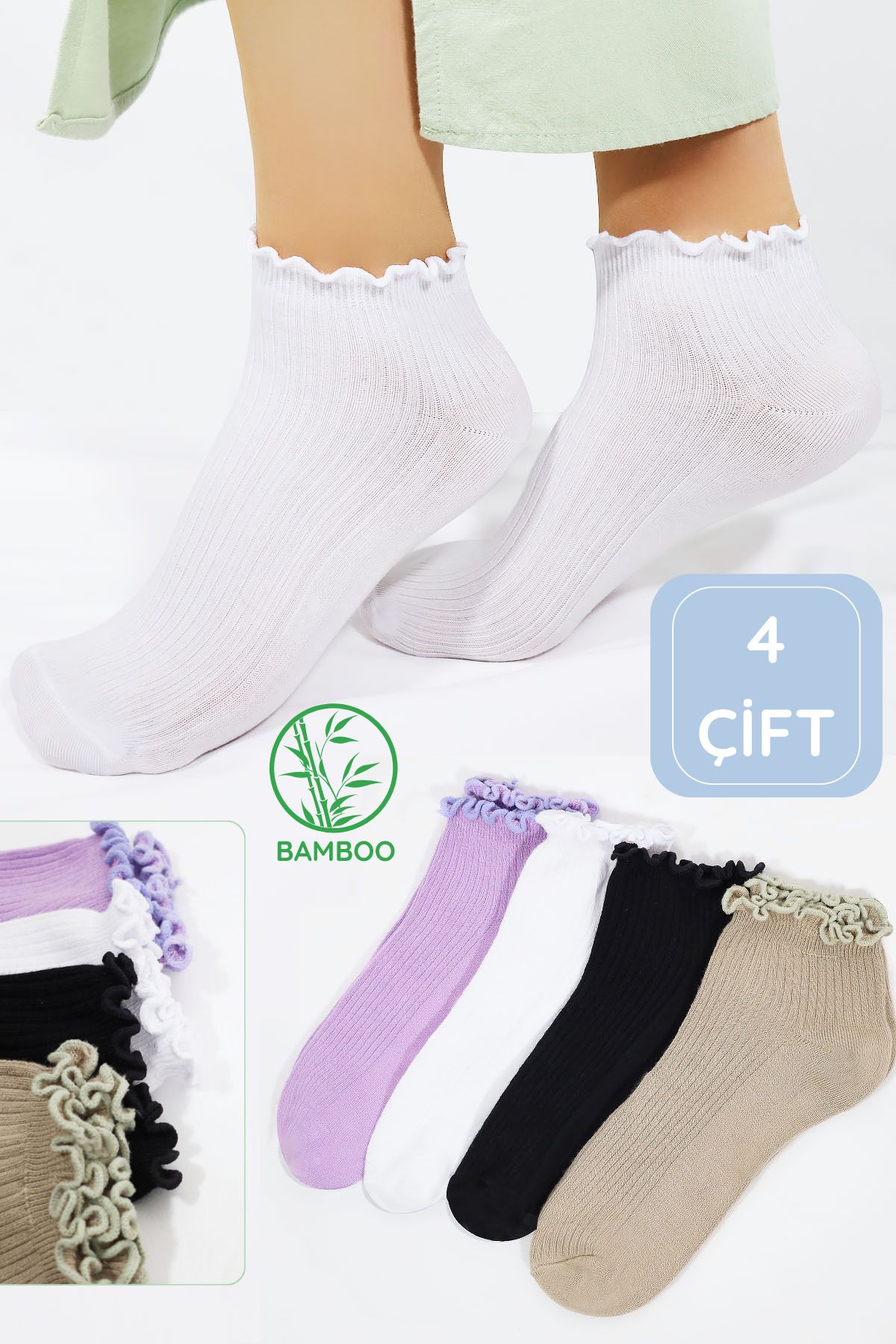 Miss Lana Kadın Bambu Çorap (4 ÇİFT) Renkli Fırfırlı Patik Kadın Çorap