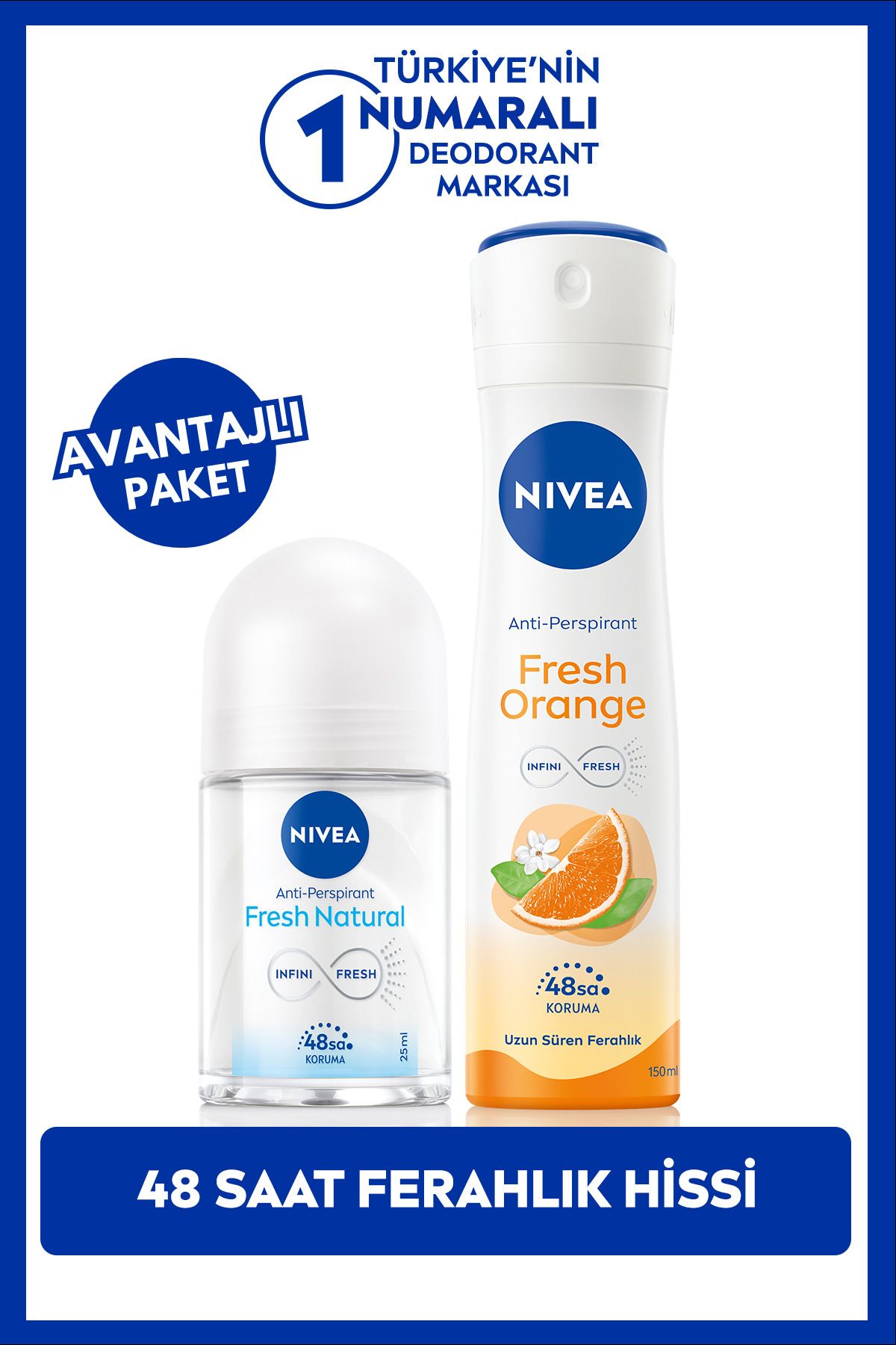 NIVEA Kadın Sprey Deodorant Fresh Orange 150ml Ve Mini Roll-on Fresh Natural 25ml, 48 Saat Koruma