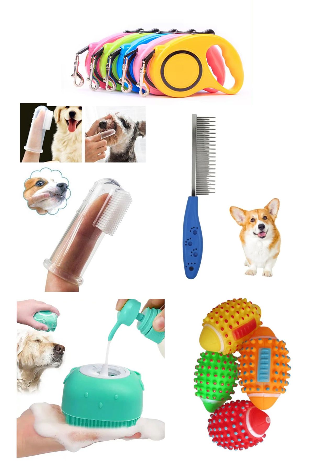 rianka 5 Metre Köpek Gezdirme Tasması Tüy Açıcı Tarak Diş Fırçası Yıkama Kesesi Isırma Oyuncağı 5'li Set
