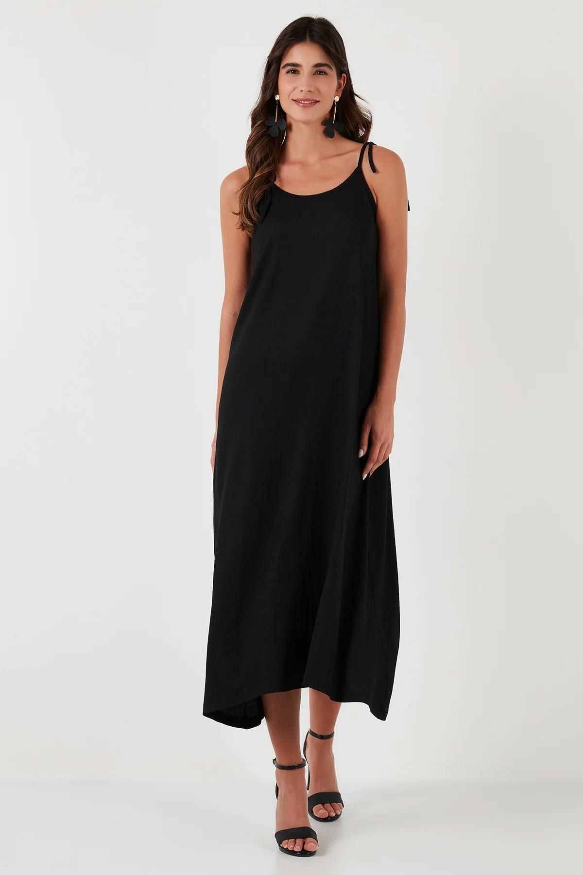 Tena Kadın Siyah İp Askılı Rahat Kesim Ruhsel Kumaş Elbise