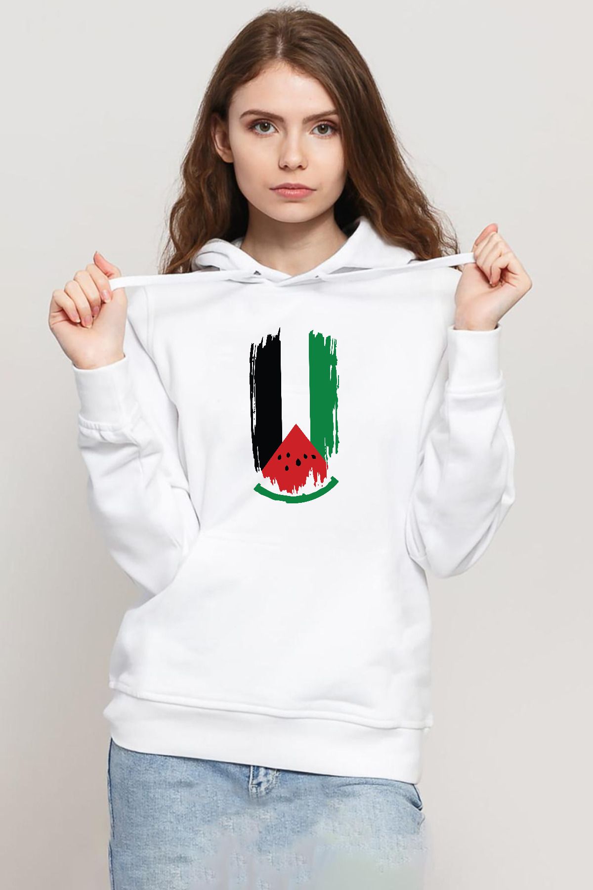 Tshirthane Watermelon Palestine Flag Beyaz Kadın 3ip Kapşonlu Sweatshirt