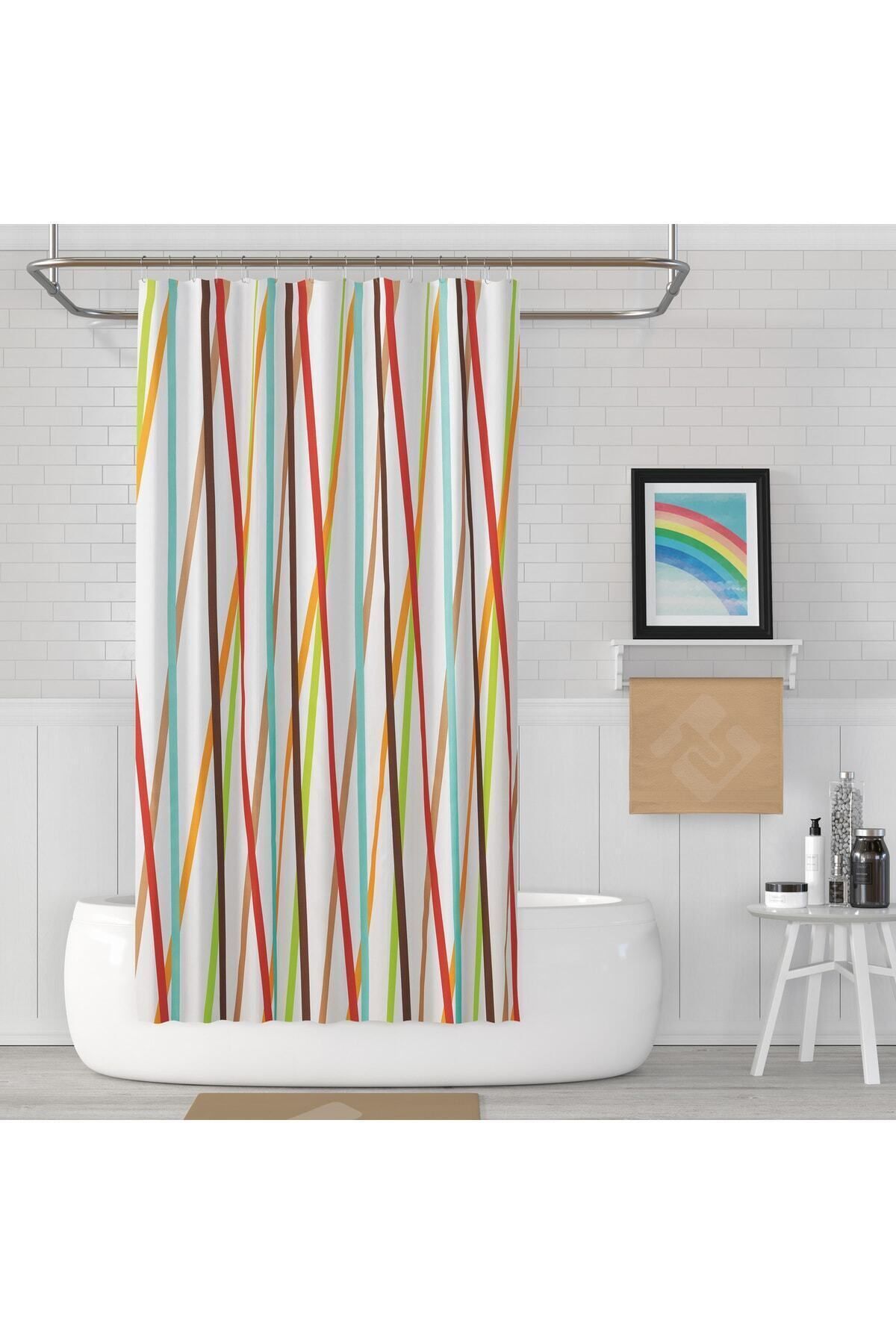 Tropikhome Banyo Perdesi Şerit Desen Yerli Üretim Duş Perdesi Plastik C-Halka Hediye 180x200cm Banyo Perdeleri