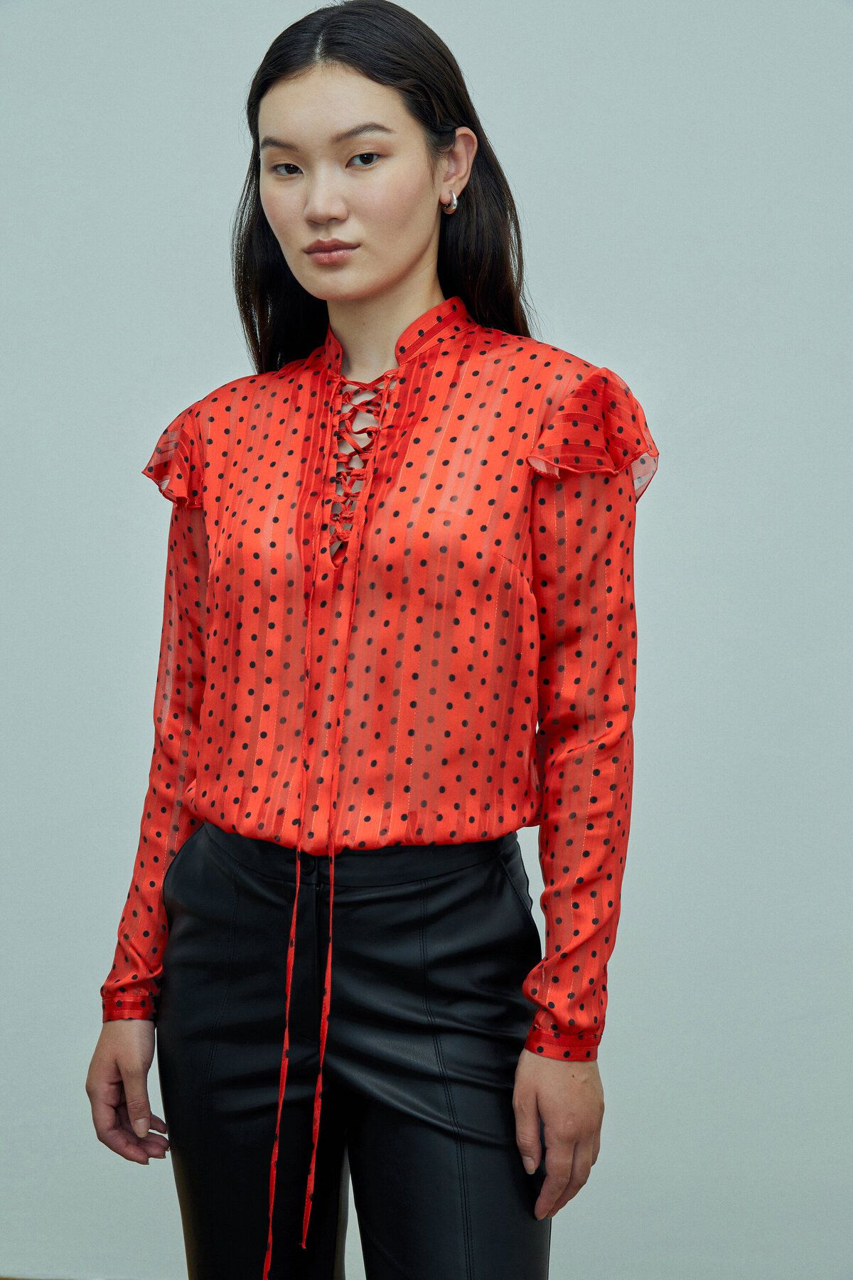 W Collection Kırmızı Siyah Puantiye Desenli Bluz