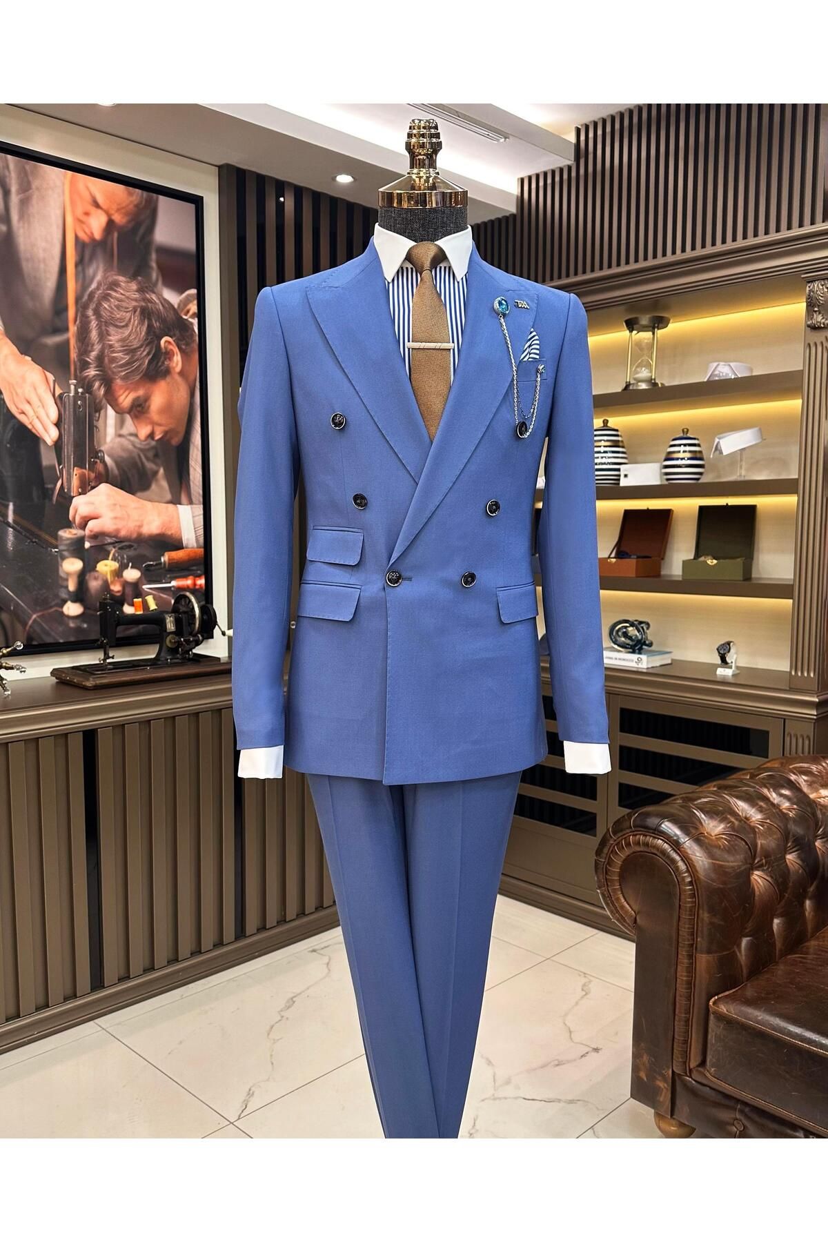 TerziAdemAltun İtalyan stil düğme detaylı ceket pantolon erkek takım elbise mavi T11229