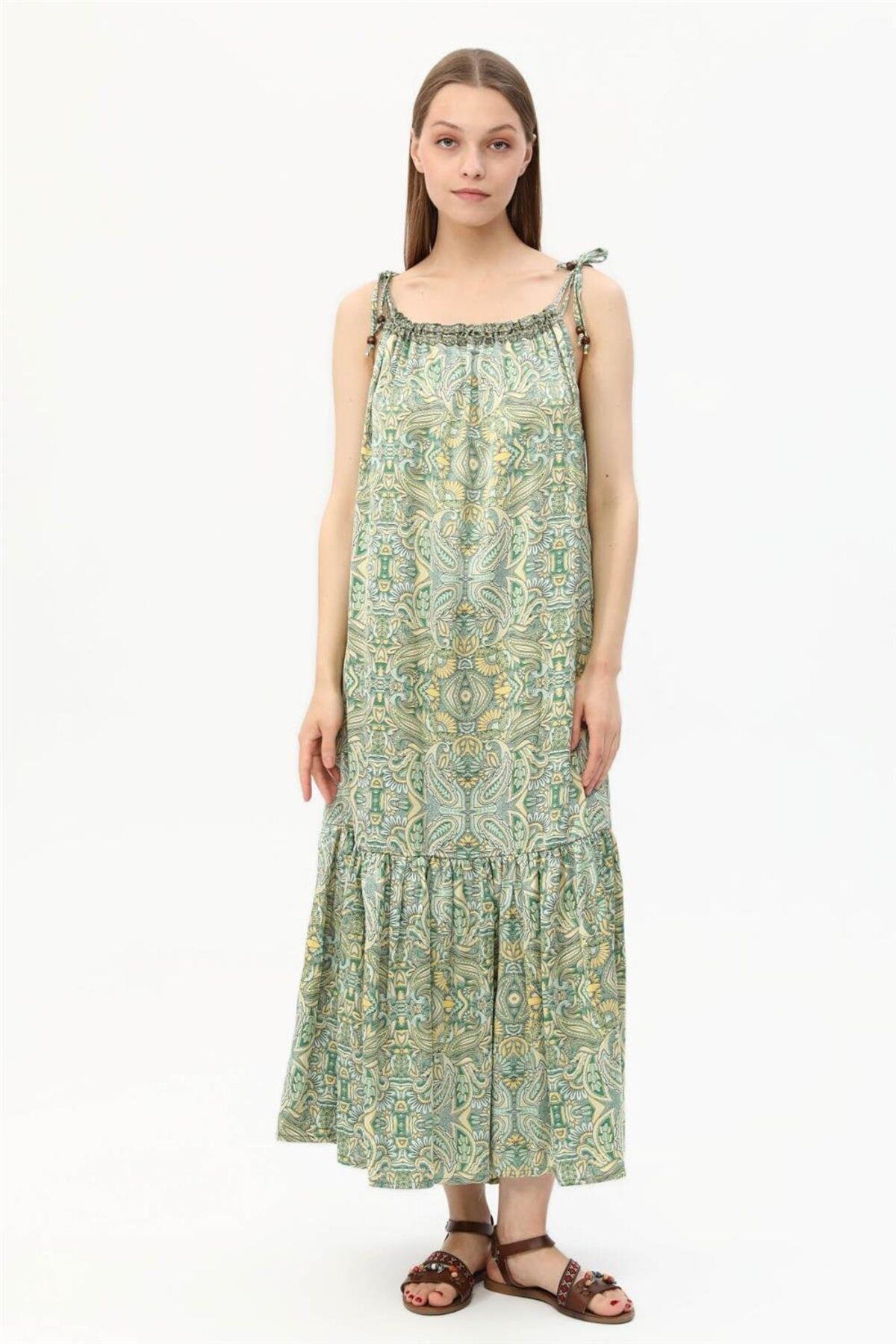 Home Store Elbise Şal Desenli Omuz Bağcıklı Büzgülü Eucu Pileli - Yeşil