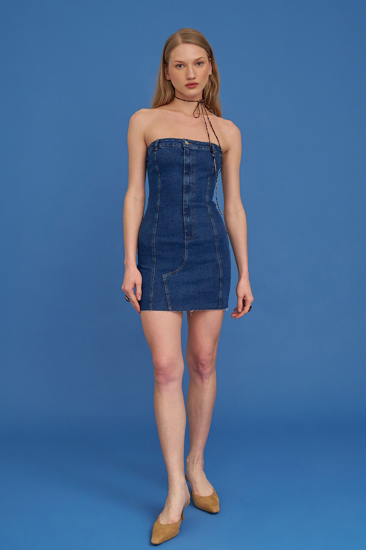 Quzu Straplez Detaylı Kot Mini Elbise Mavi