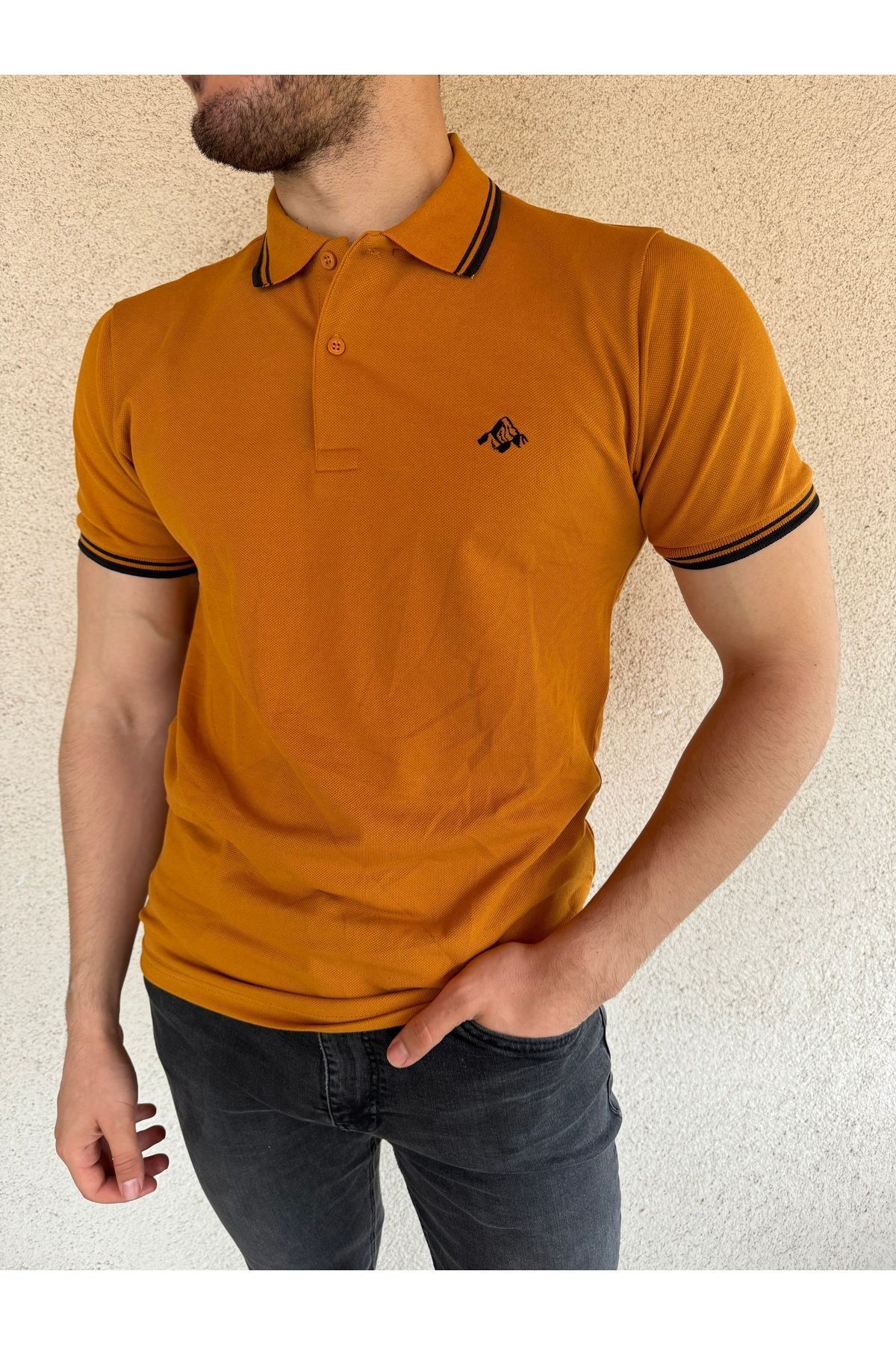 Mesh Erkek Polo Yaka T-shirt Hardal Renk, %100 Pamuk Lacivert Çizgili Kısa Kollu Parçalı Model