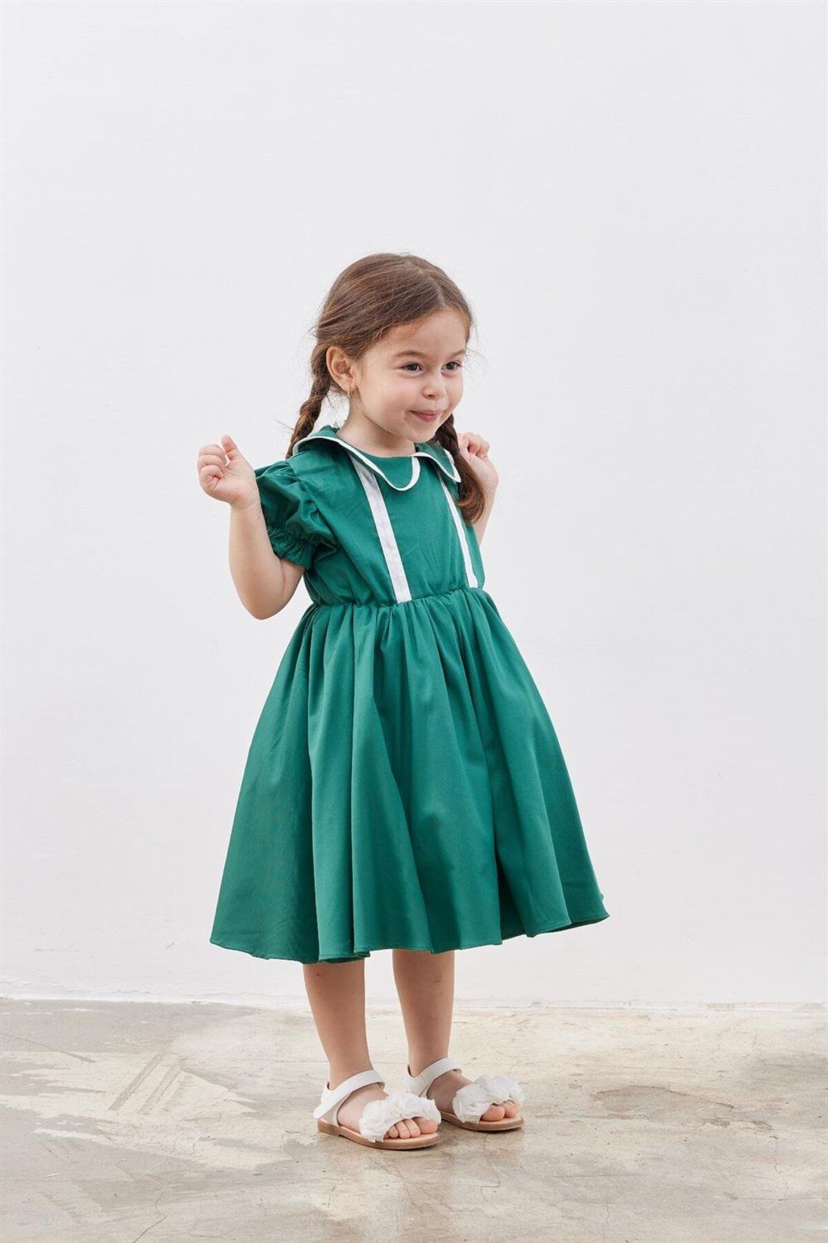 Fahhar Kids Çocuk Balon Kollu Kabarık Elbise Yeşil