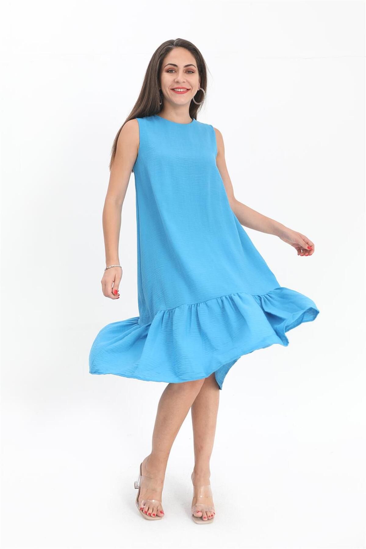 VAPUR TEKSTİL Kristal Keten Kolsuz Kadın Salaş Elbise - Mavi