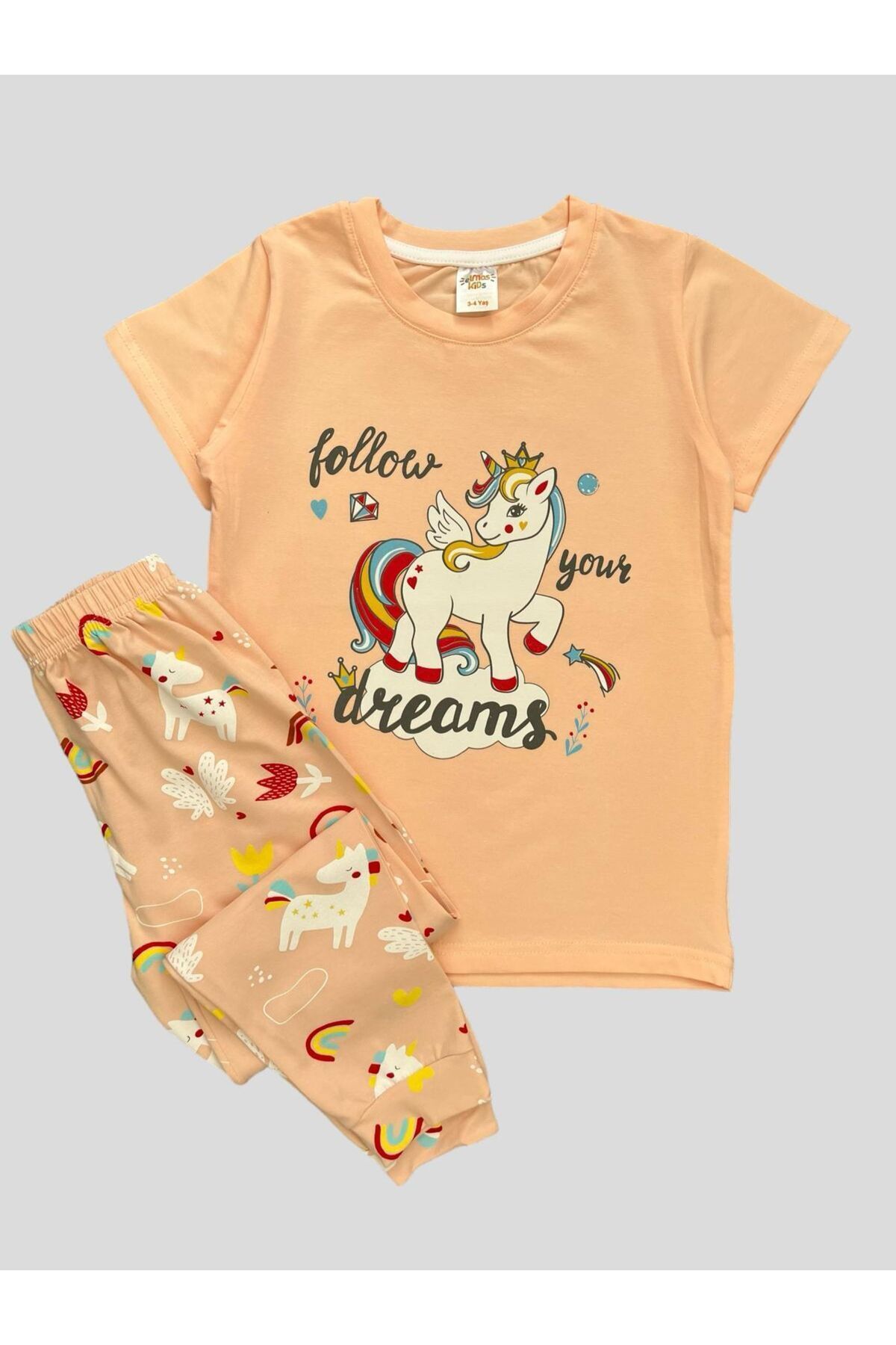 elmas kids Kız Çocuk %100 Pamuklu Unıcorn Gökkuşağı Desenli Kısa Kollu Yazlık Pijama Takımı