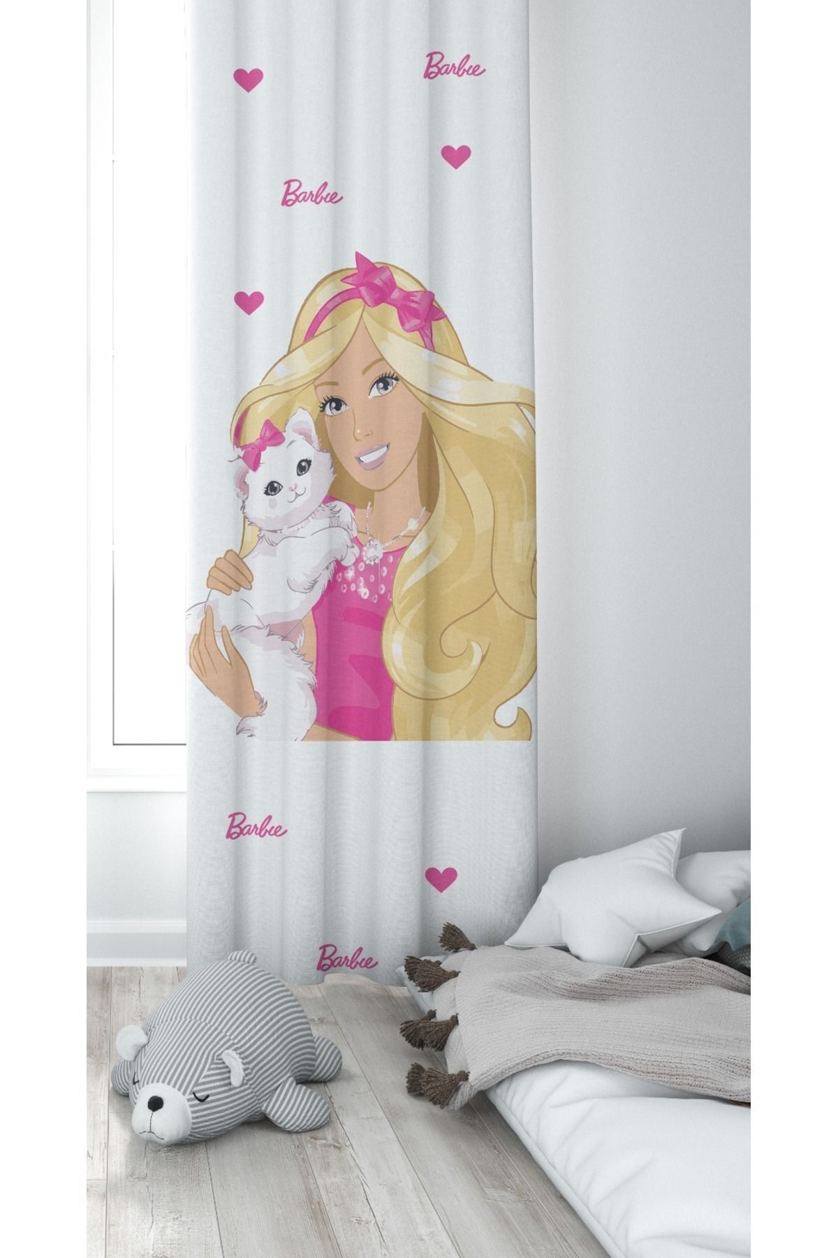 CİCİ EKO 1 Kanat Kedili Barbie Lazer Kenar Kesimli Ince Petek Kumaş Dekoratif Çocuk Odası Perdesi Fon Perde