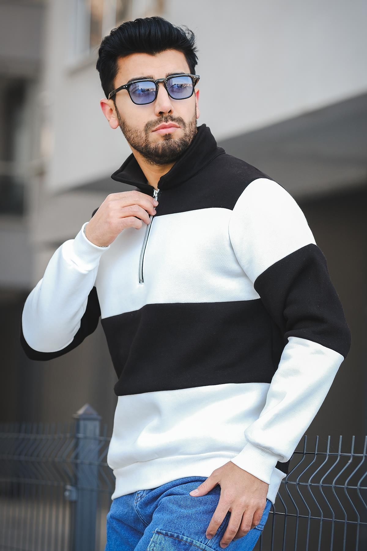 Oksit Arman Üç İplik Şardonlu Parçalı Fermuarlı Dik Yaka Slim Fit Erkek Sweatshirt