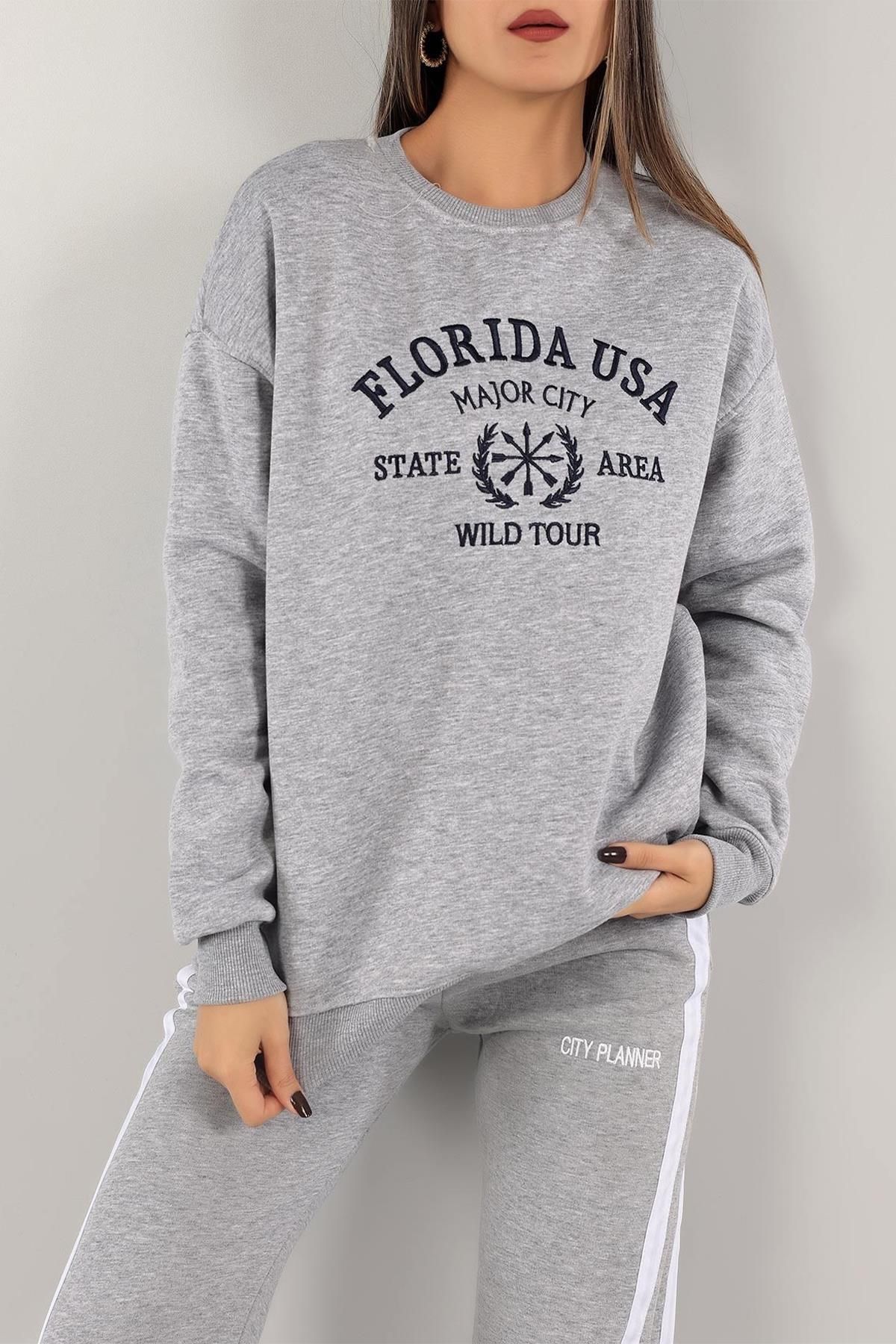 Tena Kadın Kar Melanj Florida Usa Nakışlı Üç İplik Sweatshirt