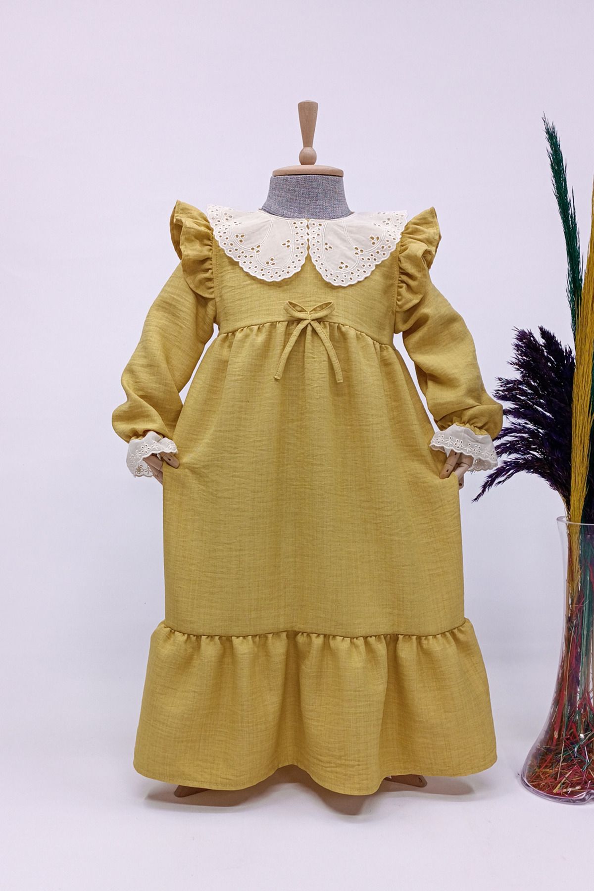 Betül Akbay Fisto Yakalı Kız Çocuk Tesettür Elbise Hürrem Model Sarı