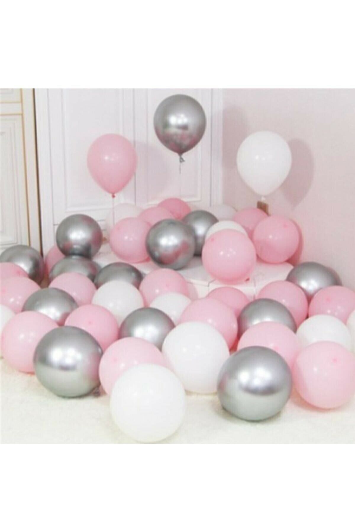 BalonEvi 30 Adet Metalik Gümüş-pembe-beyaz Balon, Helyumla Uçan Balon