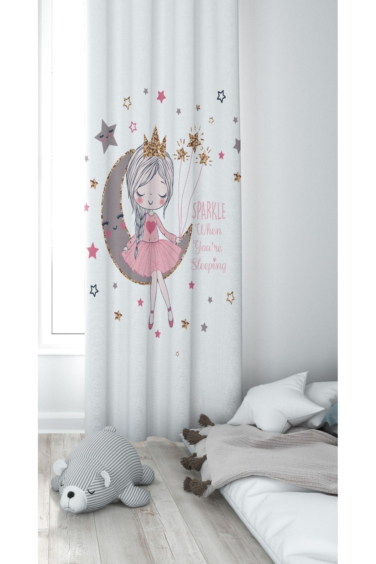 CİCİ EKO 1 Kanat Ayda Oturan Prenses Kız Lazer Kenar Kesimli Ince Petek Kumaş Dekoratif Çocuk Odası Perdesi