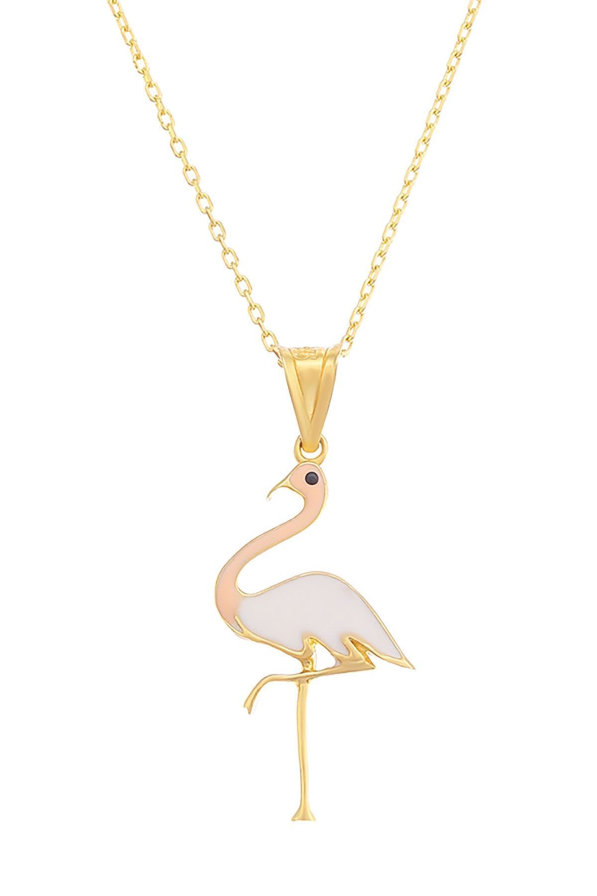 MOOM MÜCEVHERAT Kadın 14 Ayar Altın Fantezi Mineli Flamingo Kolye