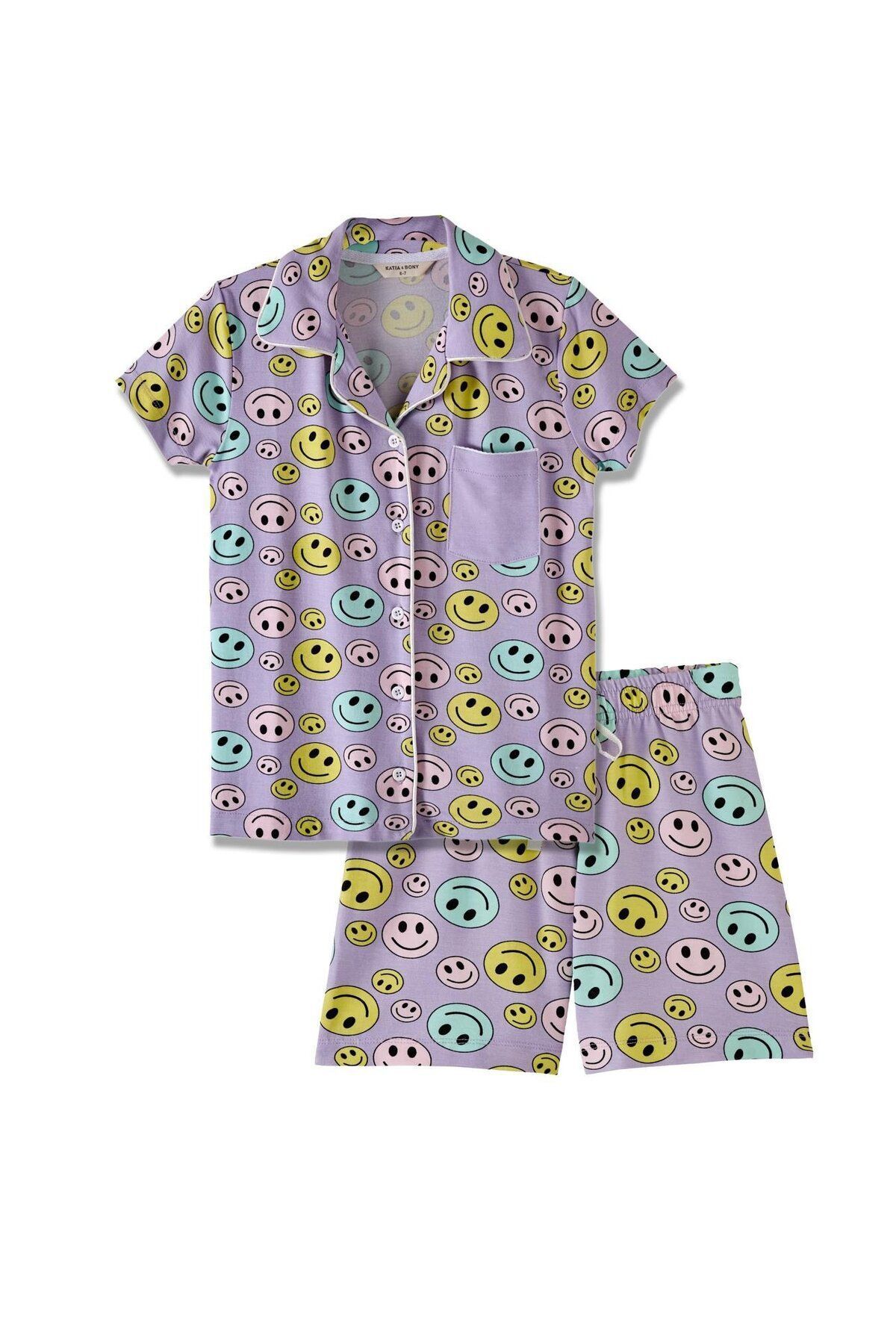 Katia & Bony Kız Çocuk Lila Renkli Gülen Yüz Desenli Şortlu Pijama Takımı