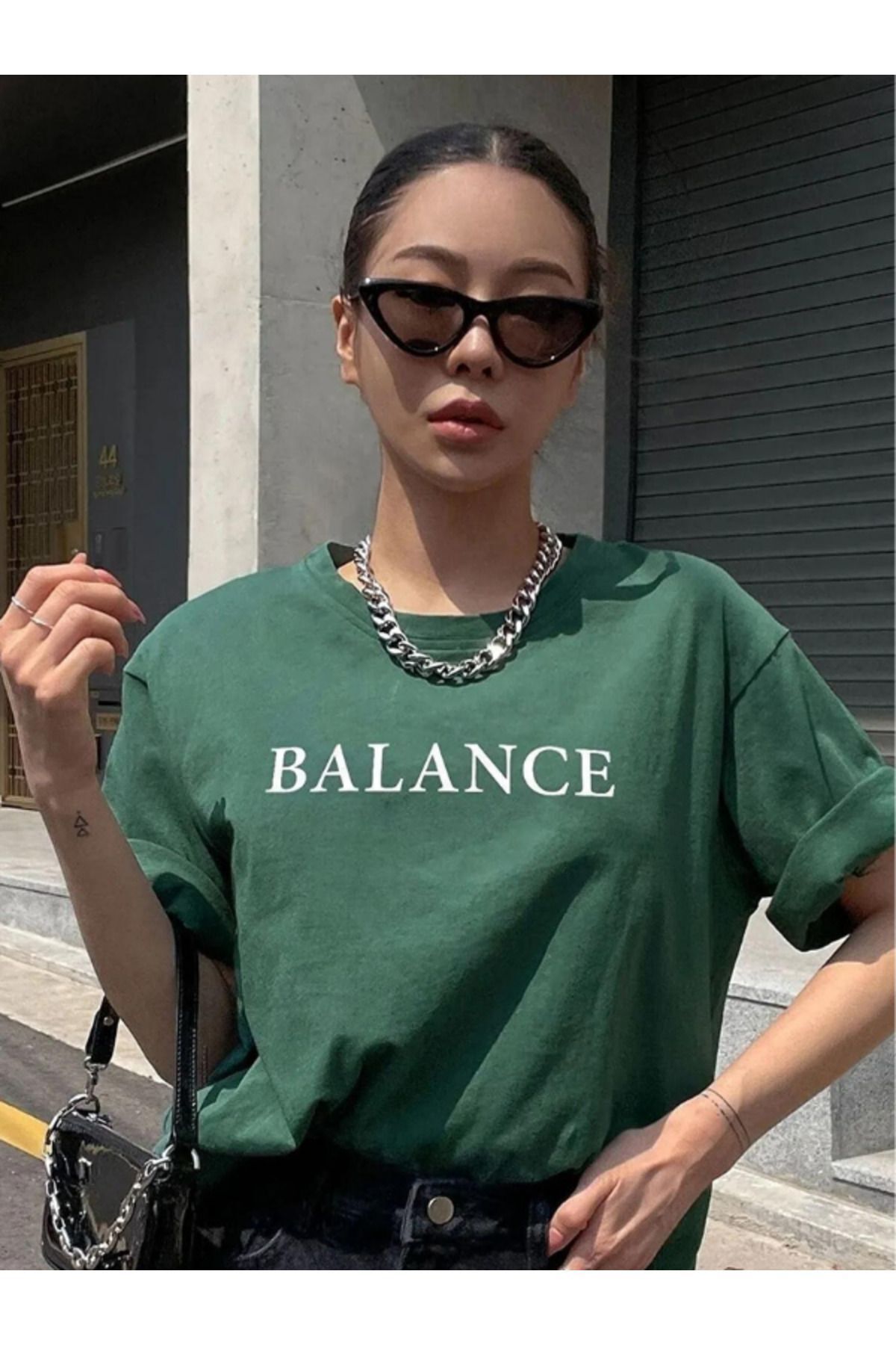 MARECASH Yeşil Unisex Balance Yazılı Baskılı Oversize T-shirt - Baskılı Oversize