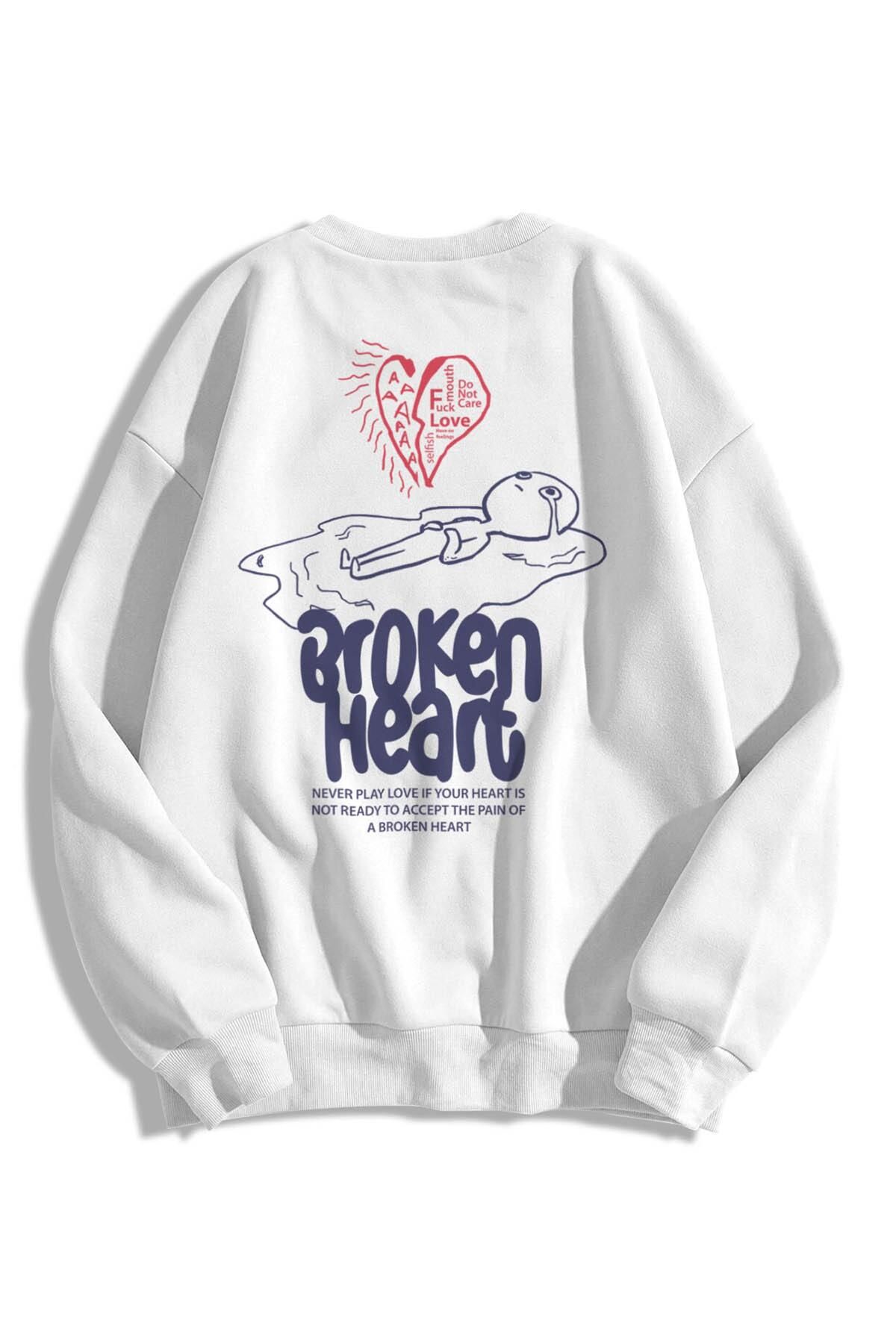 Trendiz Unisex Broken Heart Bisiklet Yaka Sweatshirt Hoodie Beyaz