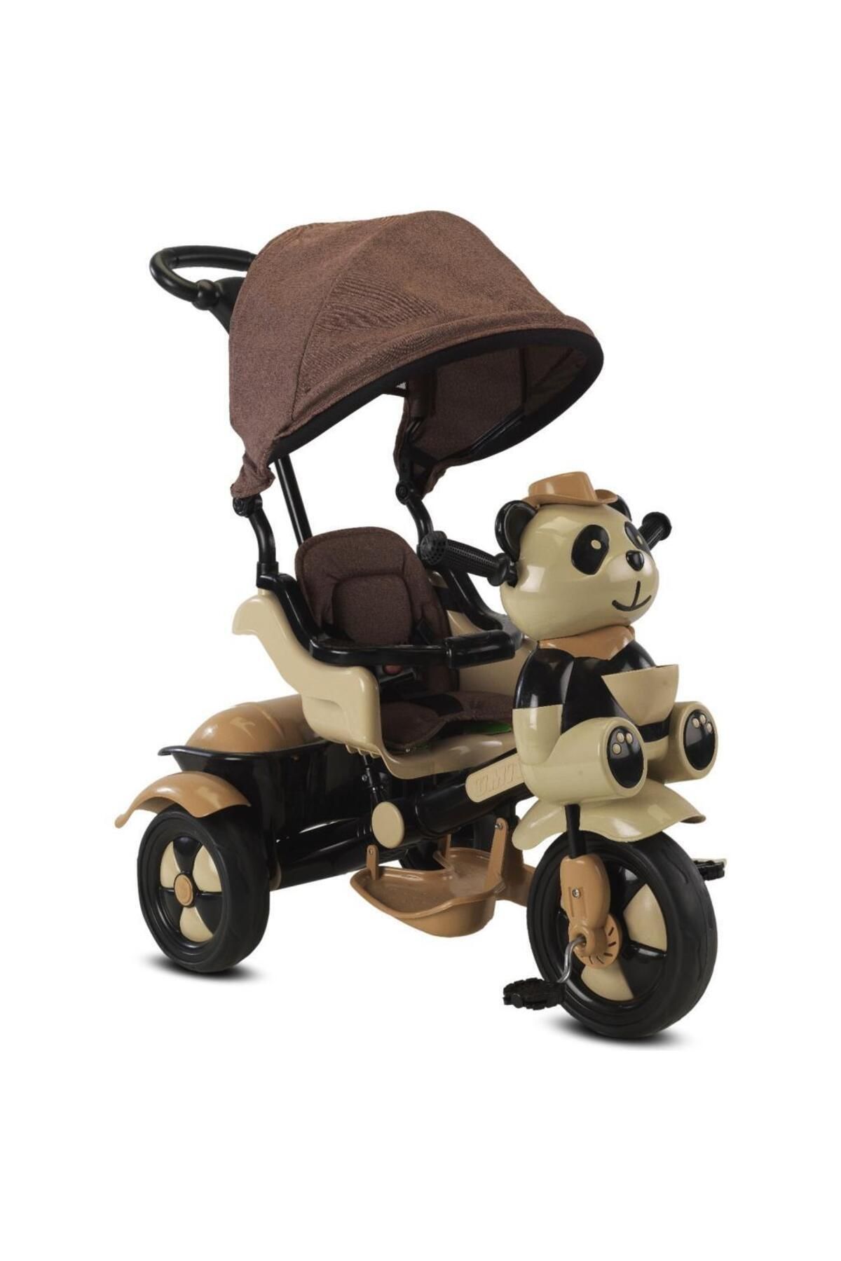Babyhope 127 Panda Üç Tekerlekli Tenteli Ebeveyn Kontrollü Bisiklet Çocuk Bisikleti Kahverengi