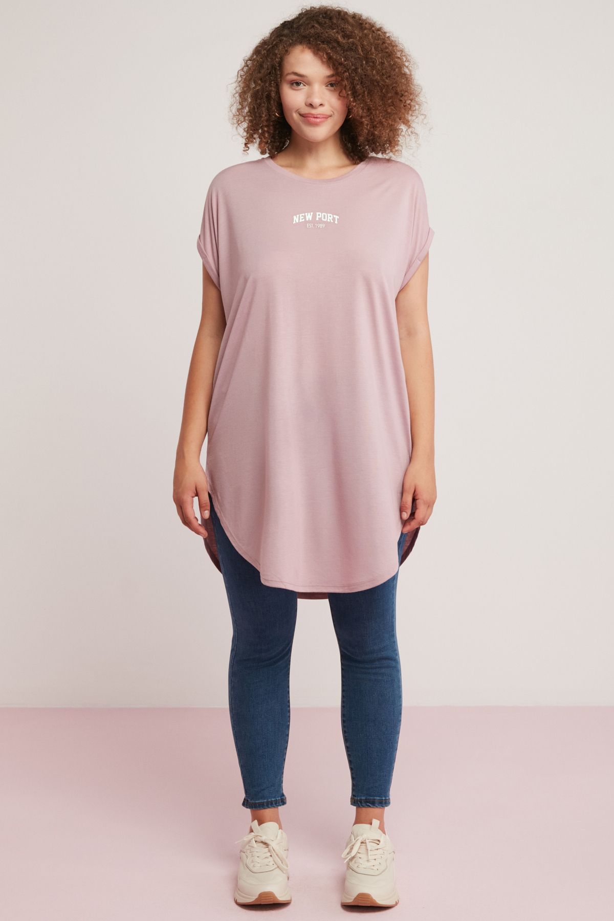 ETHIQUET Dıana Kadın Oversize Önü Baskılı Uzun Yuvarlak Yaka Pembe Büyük Beden T-shirt